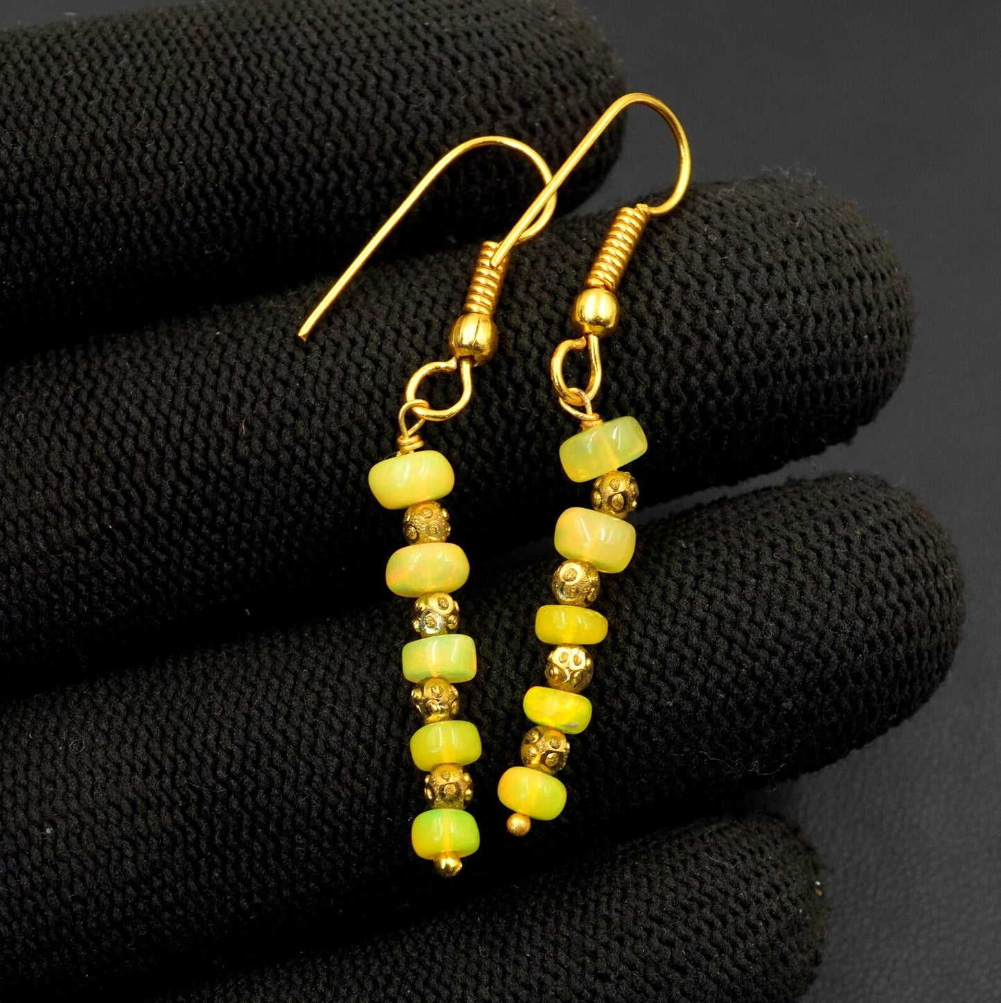 Yellow Welo Fire Ethiopian Opal Cabochon Beaded Earrings, Natural Rainbow Gemstone
