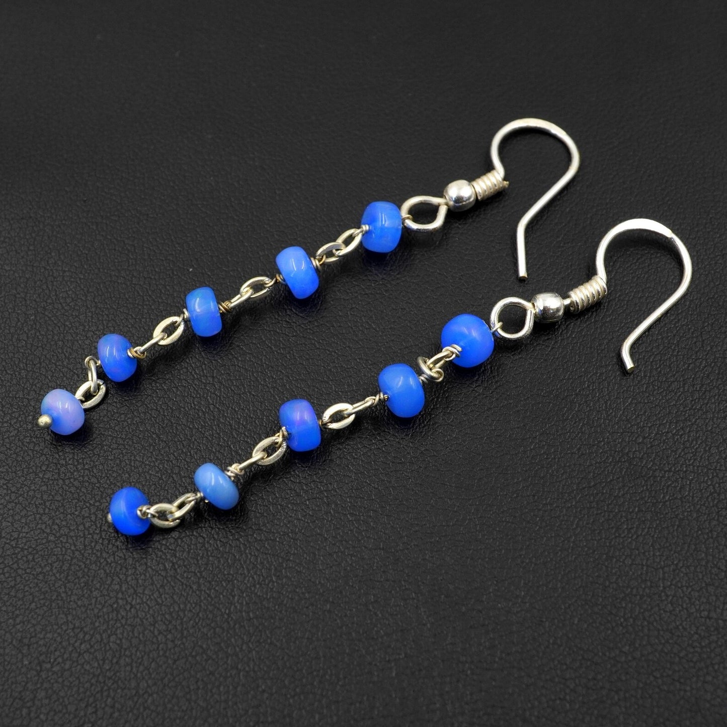 Natural Blue Welo Fire Ethiopian Opal Cabochon Beaded Earrings, 925 Silver , Natural Rainbow Gemstone