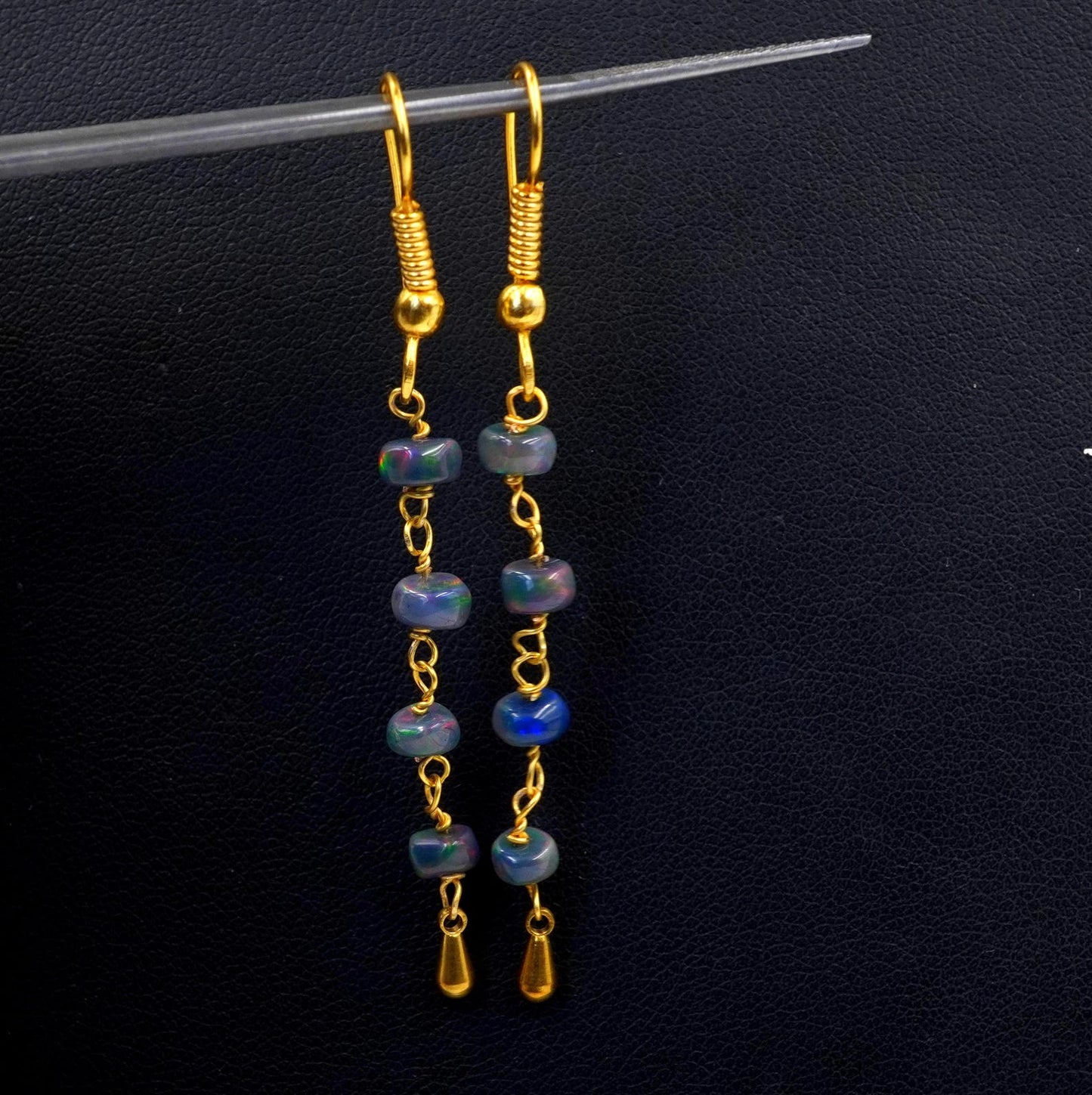 Natural Black Ethiopian Opal Beads Earrings Multi Fire Opal 14K Gold Cabochon Beaded