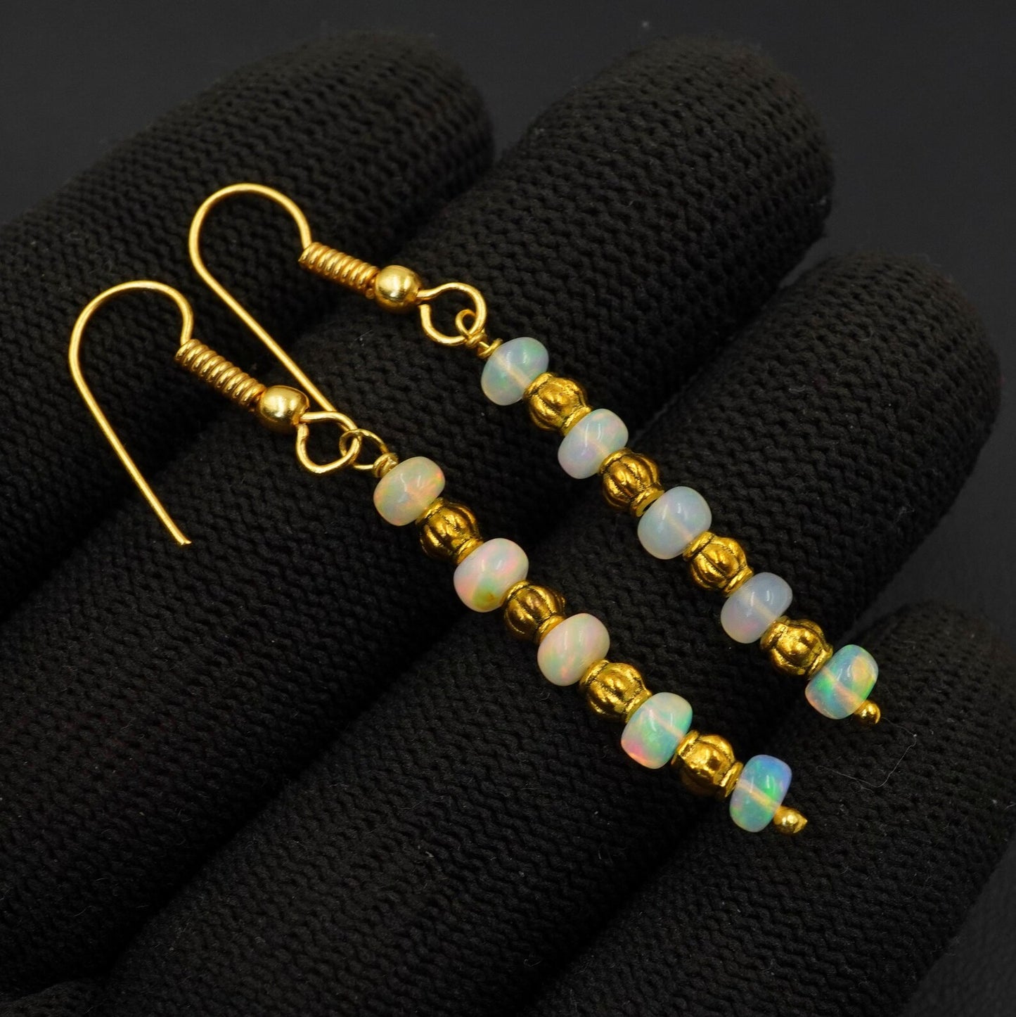 Natural Ethiopian Opal Beads Earrings Multi Fire Opal 14K Gold Cabochon Beaded