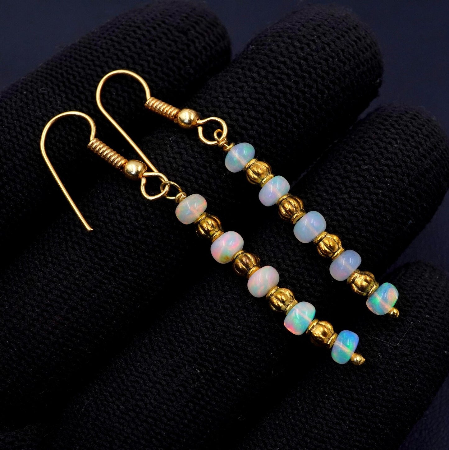 Natural Ethiopian Opal Beads Earrings Multi Fire Opal 14K Gold Cabochon Beaded