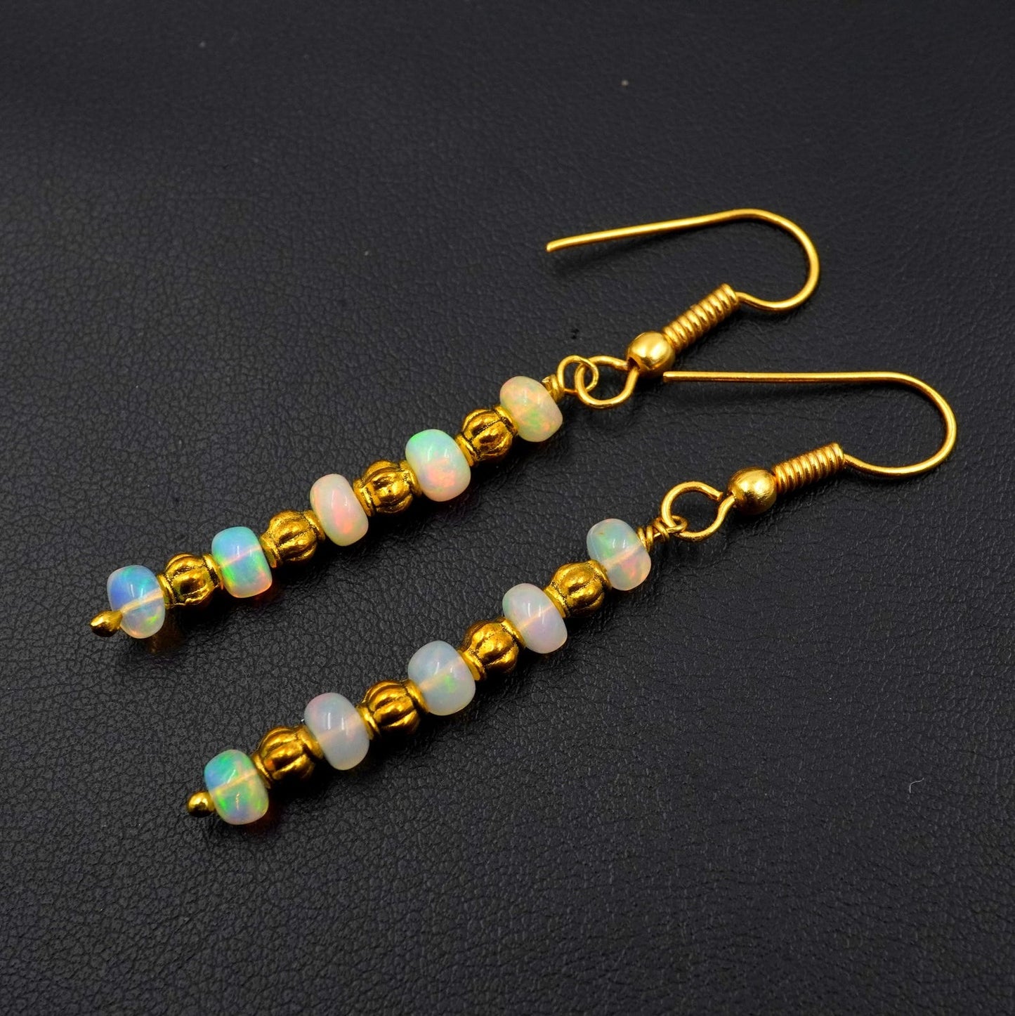 Natural Ethiopian Opal Beads Earrings Multi Fire Opal 14K Gold Cabochon Beaded
