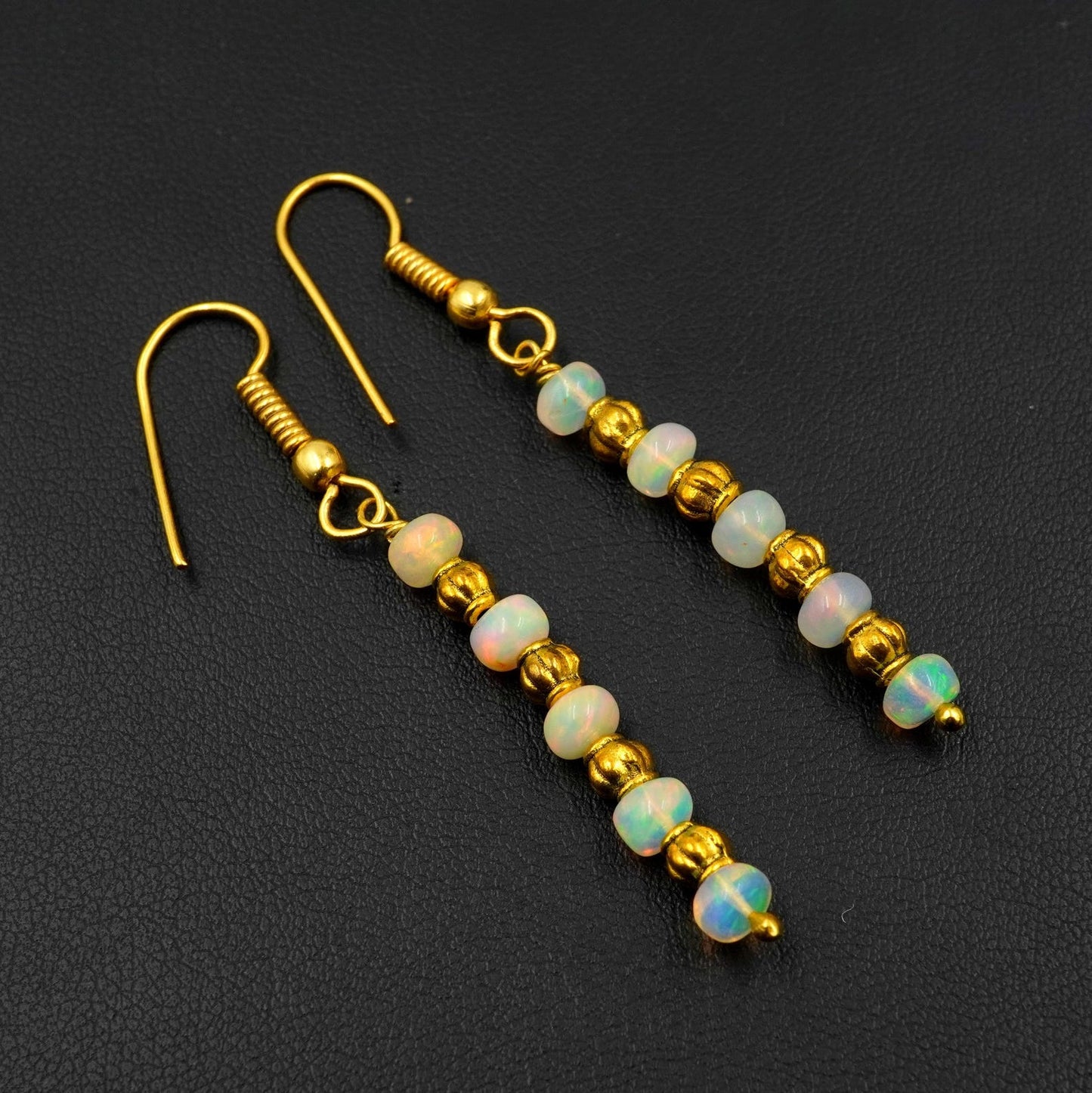 Natural Ethiopian Opal Beads Earrings Multi Fire Opal 14K Gold Cabochon Beaded