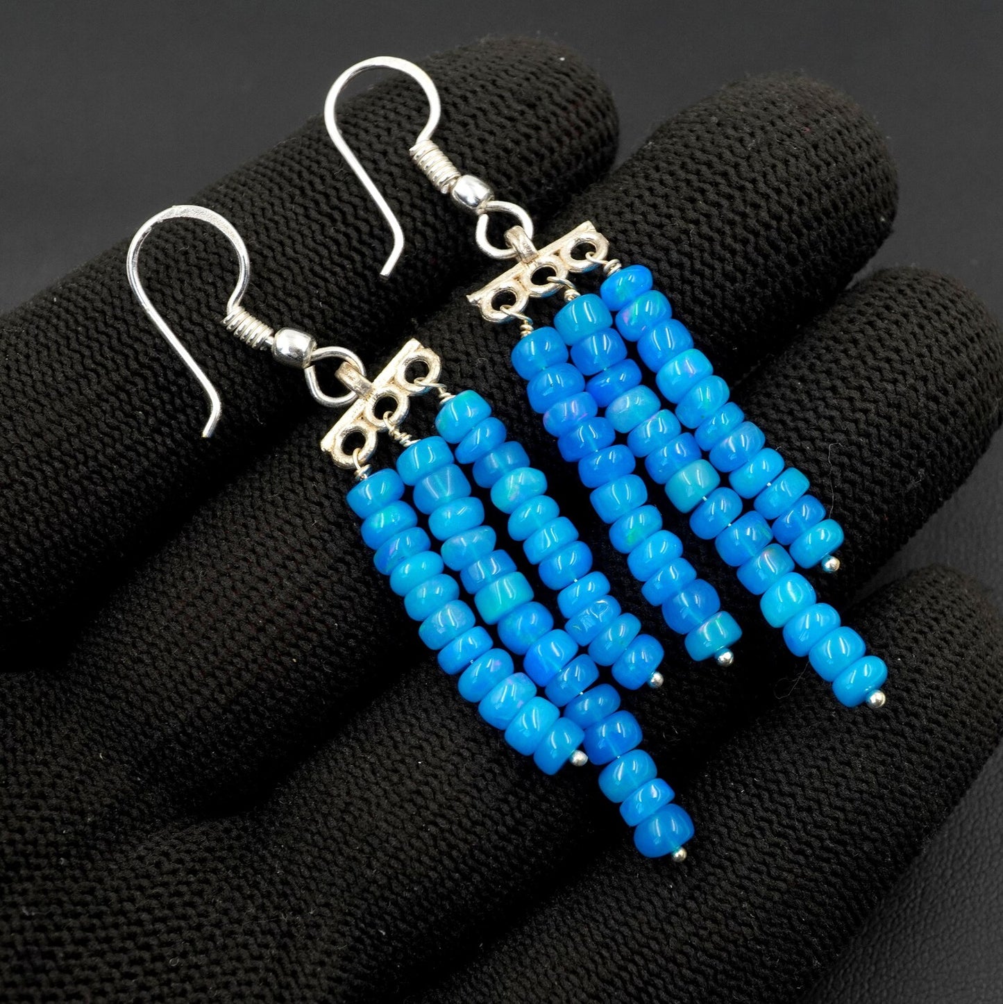Ethiopian Opal Beads Earrings Blue Natural Multi Fire Opal 925 Silver Cabochon Beaded