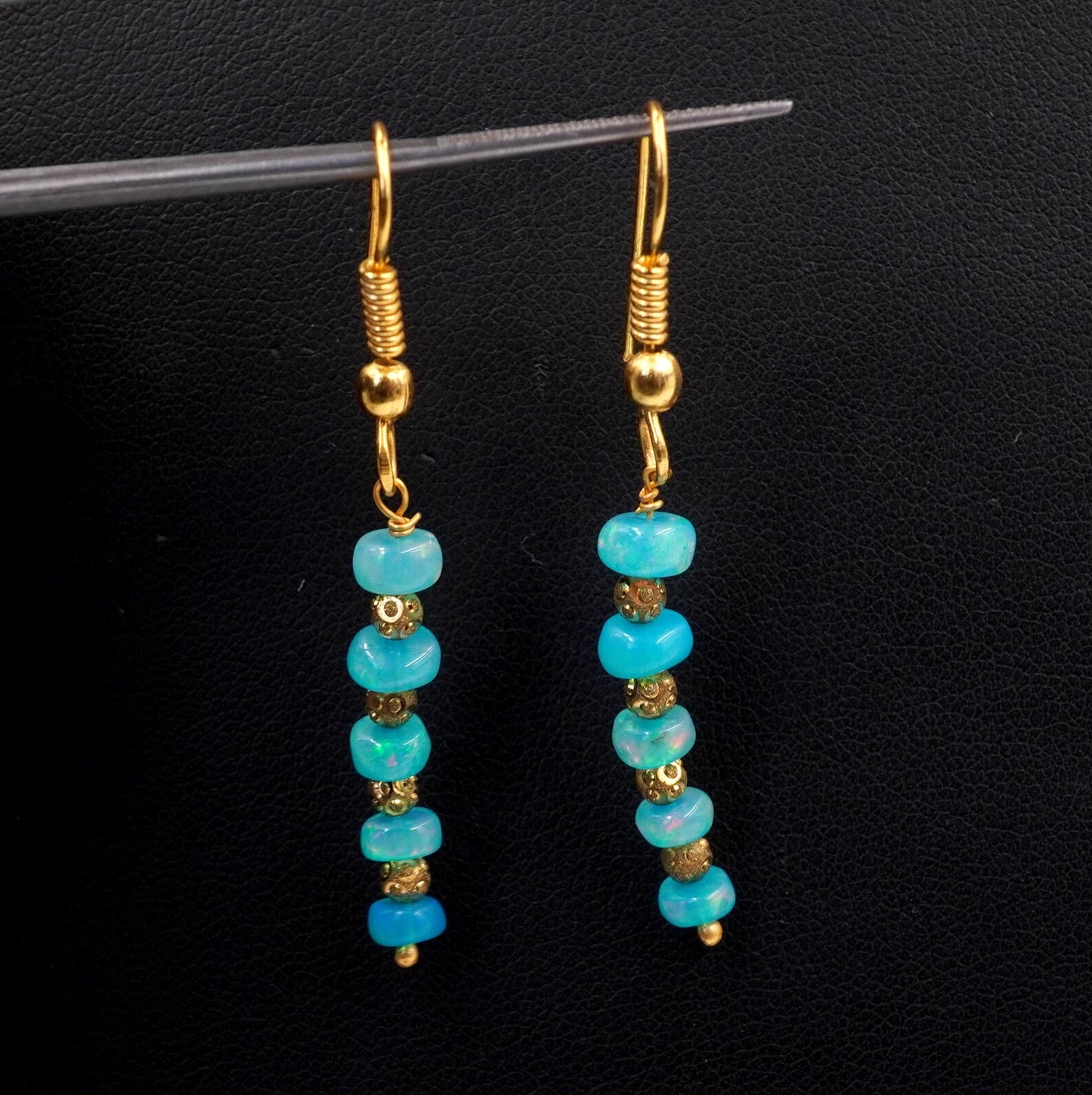 Natural Blue Ethiopian Opal Beads Earrings Multi Fire Opal 10K Gold Cabochon Beaded