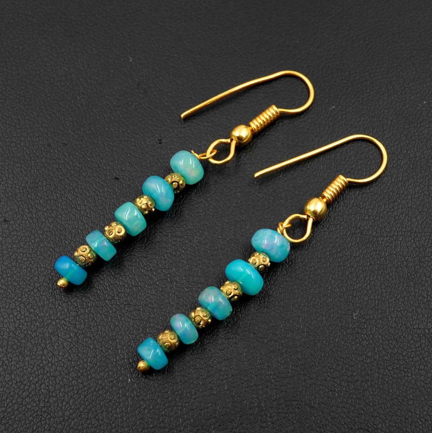 Natural Blue Ethiopian Opal Beads Earrings Multi Fire Opal 10K Gold Cabochon Beaded