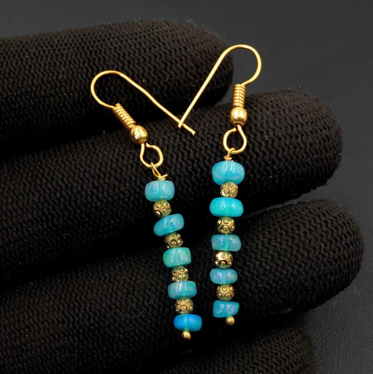 Natural Blue Ethiopian Opal Beads Earrings Multi Fire Opal 10K Gold Cabochon Beaded