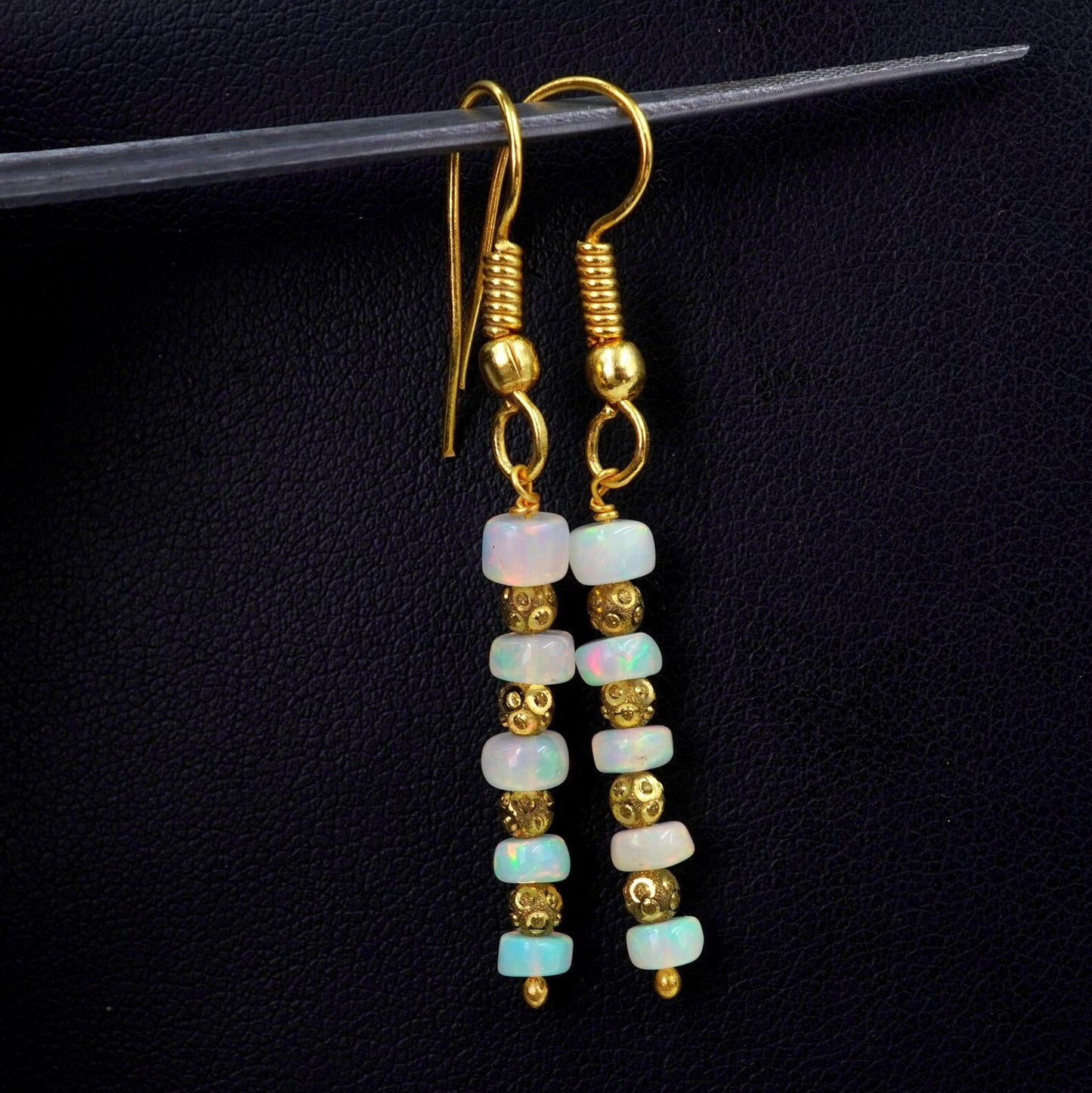 Welo Opal Bead Earrings, 925 Silver & 14k Gold, Ethiopian Gemstone