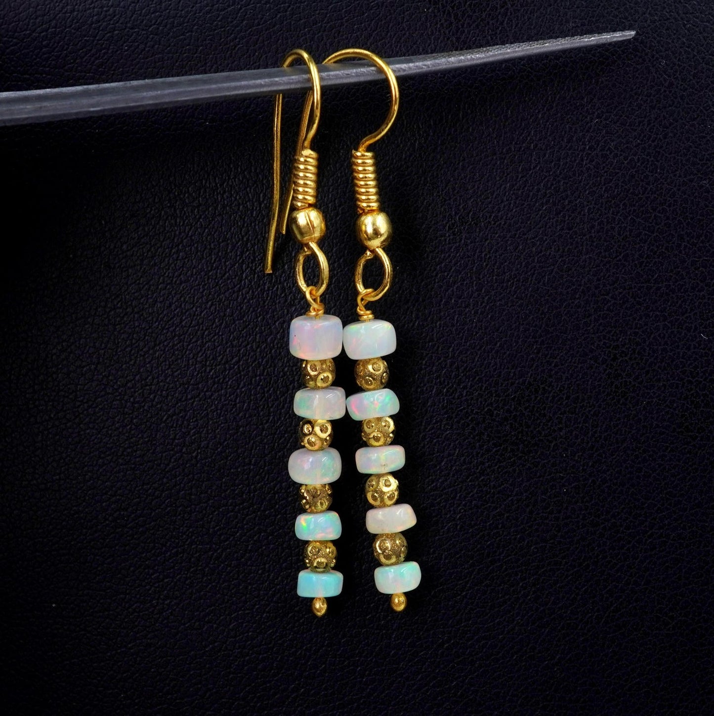 Welo Opal Bead Earrings, 925 Silver & 14k Gold, Ethiopian Gemstone