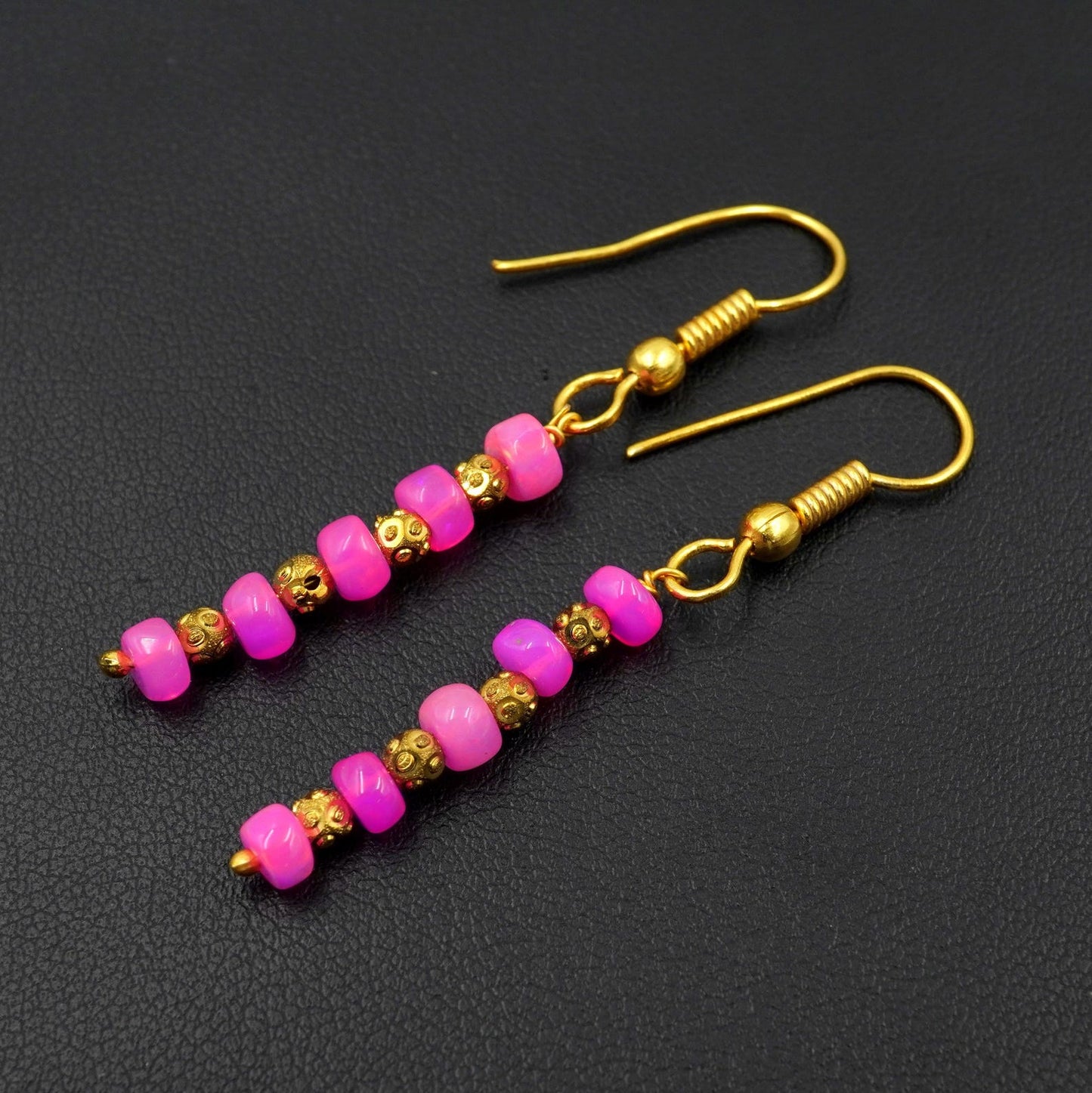 Pink Opal Earrings, 925 Silver & 14k Gold, Ethiopian Gemstone