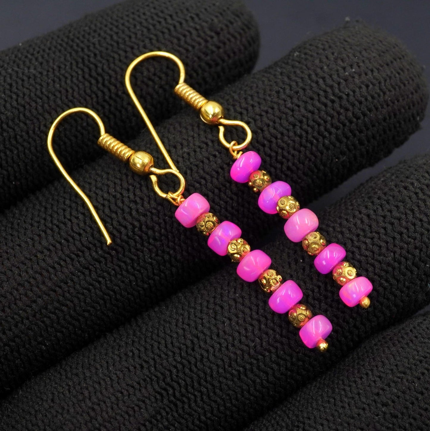 Pink Opal Earrings, 925 Silver & 14k Gold, Ethiopian Gemstone