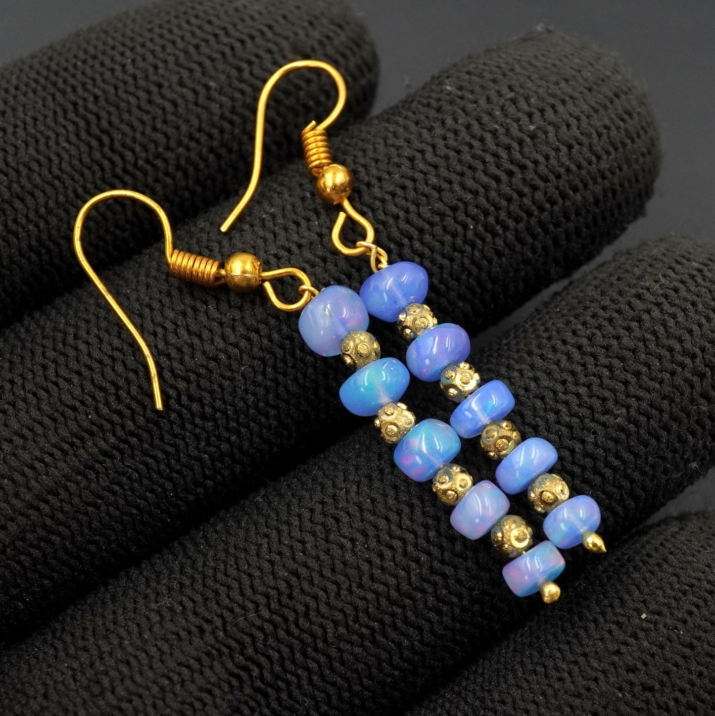 Natural Blue Opal Earrings, 925 Silver & 14k Gold, Ethiopian Gemstone