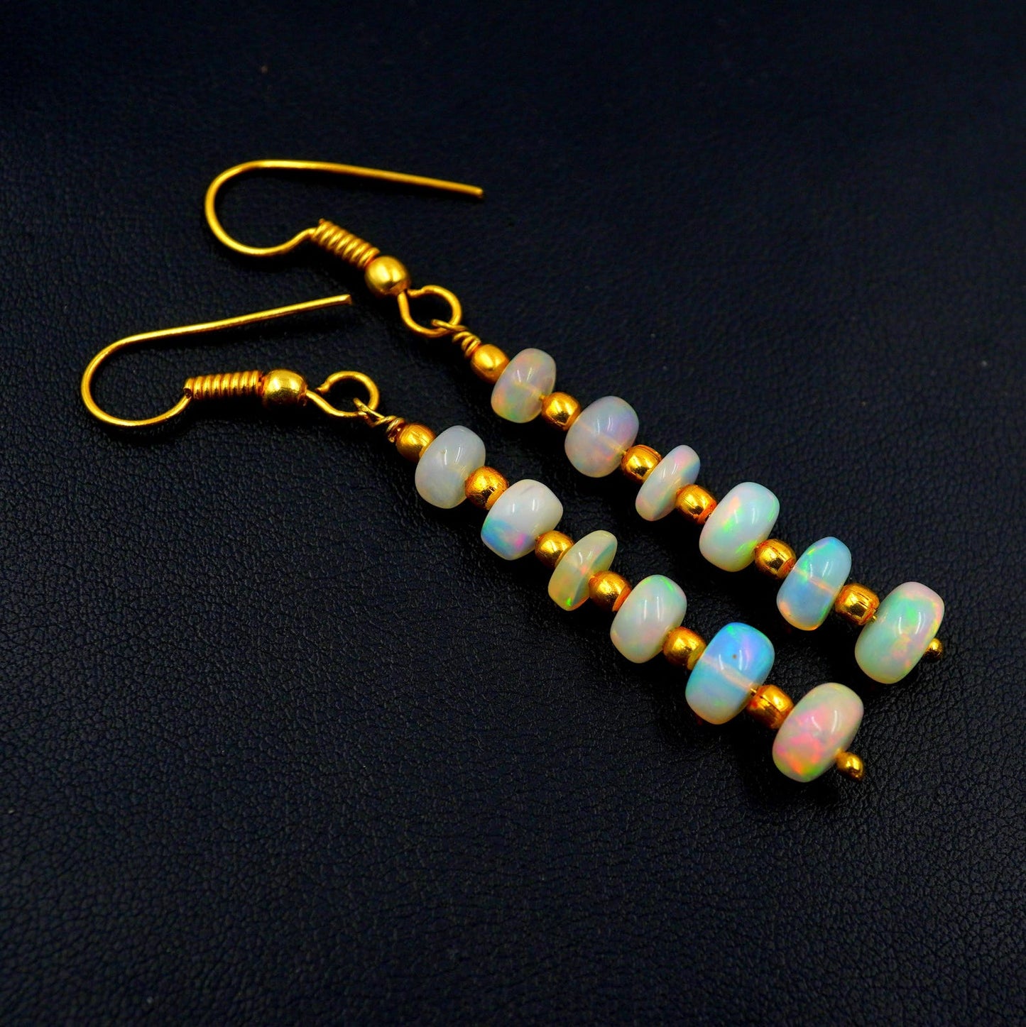 Natural Ethiopian Opal Beads Multi Fire Earrings, 14k Gold Gift For Her