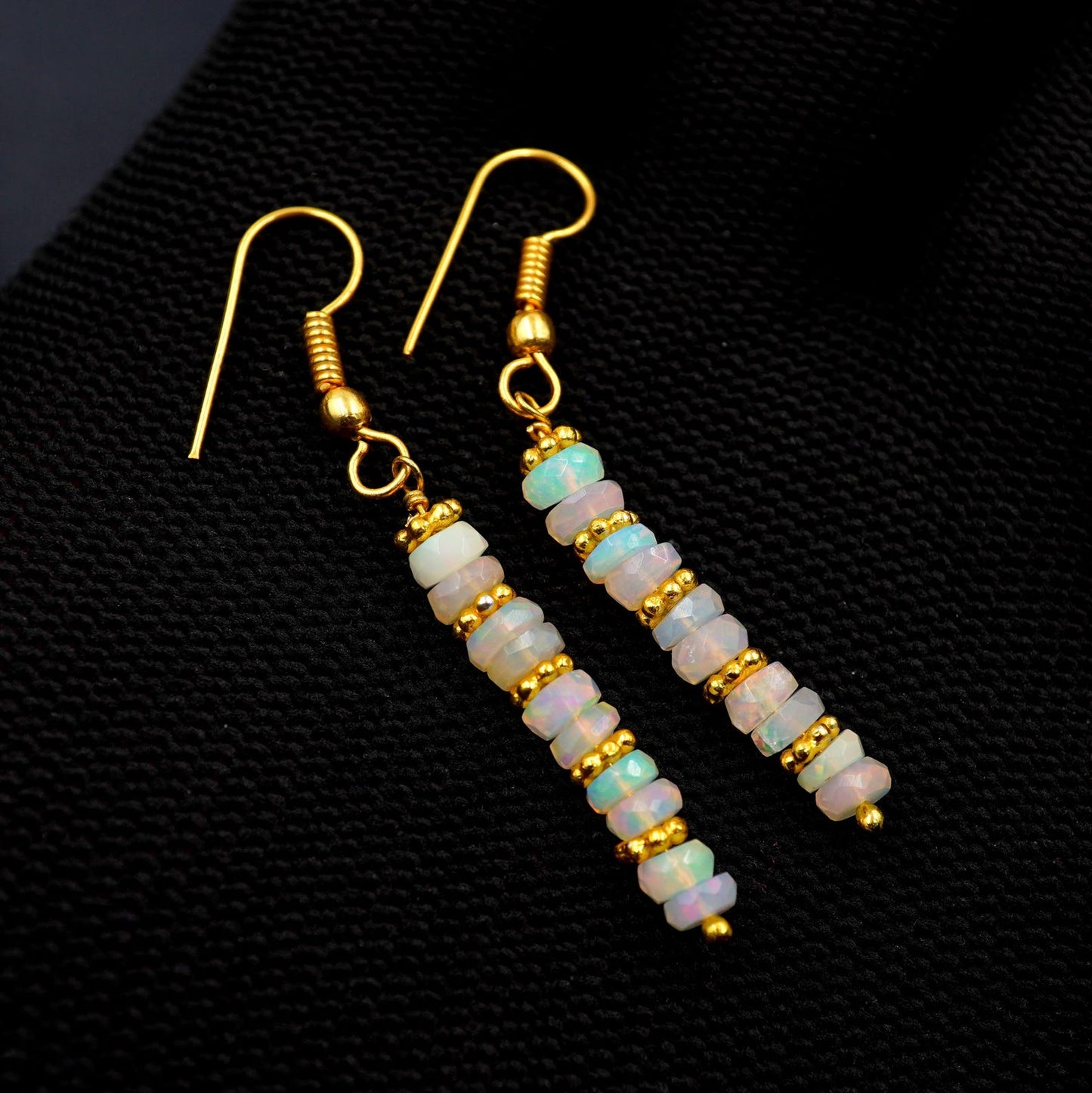 Ethiopian Opal Earrings, 14k Gold Beads, Multi Fire Gemstone