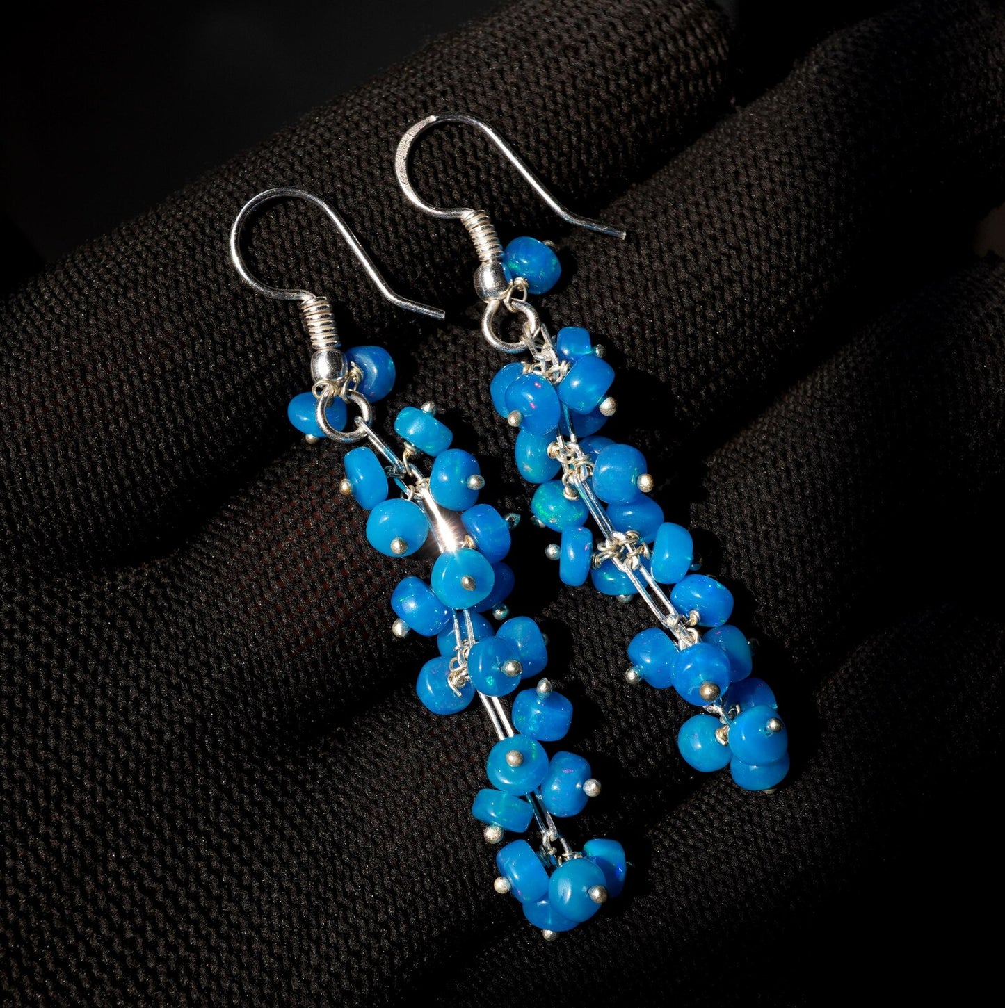 Natural Blue Ethiopian Opal Beads Earrings 925 Silver Cabochon Earrings