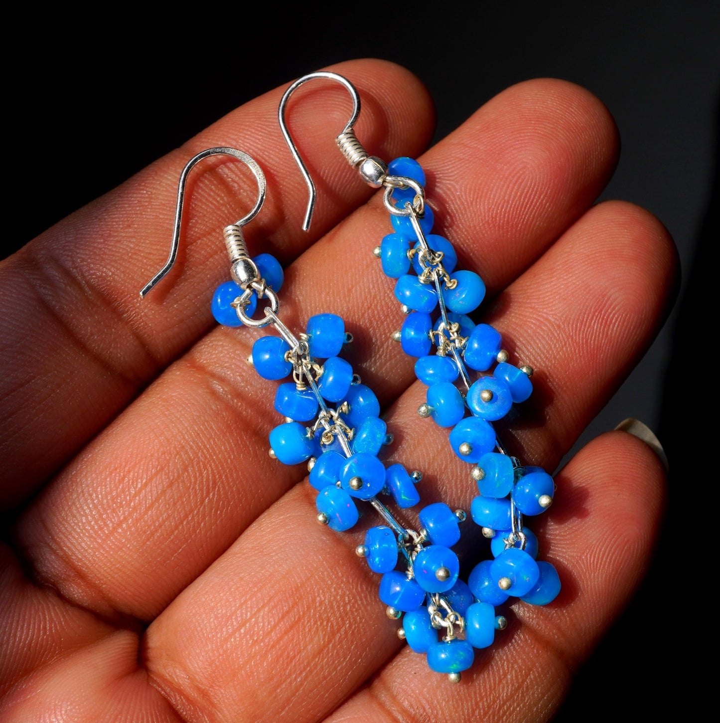 Natural Blue Ethiopian Opal Beads Earrings 925 Silver Cabochon Earrings