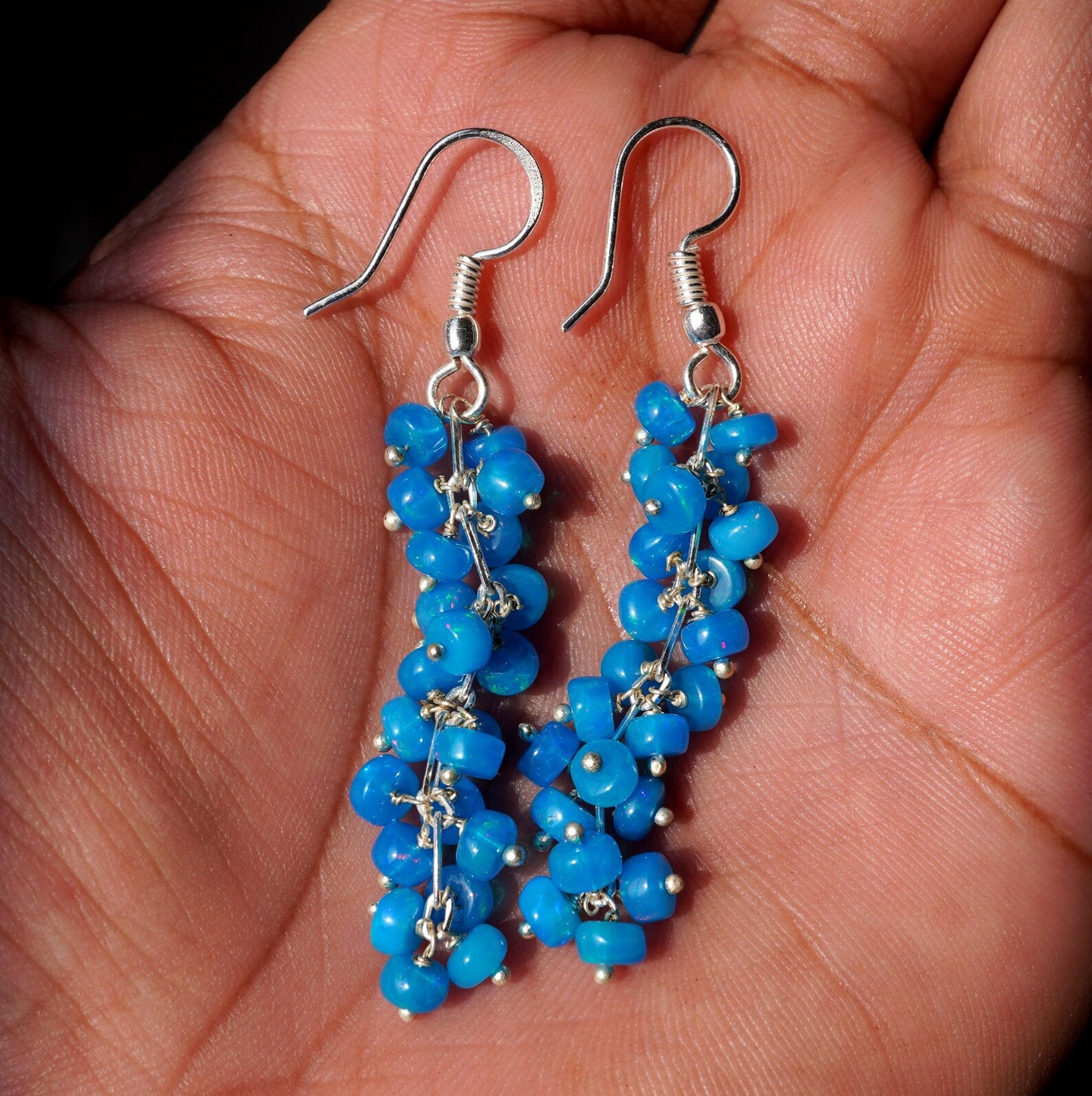 Natural Blue Ethiopian Opal Beads Earrings 925 Silver Cabochon Earrings