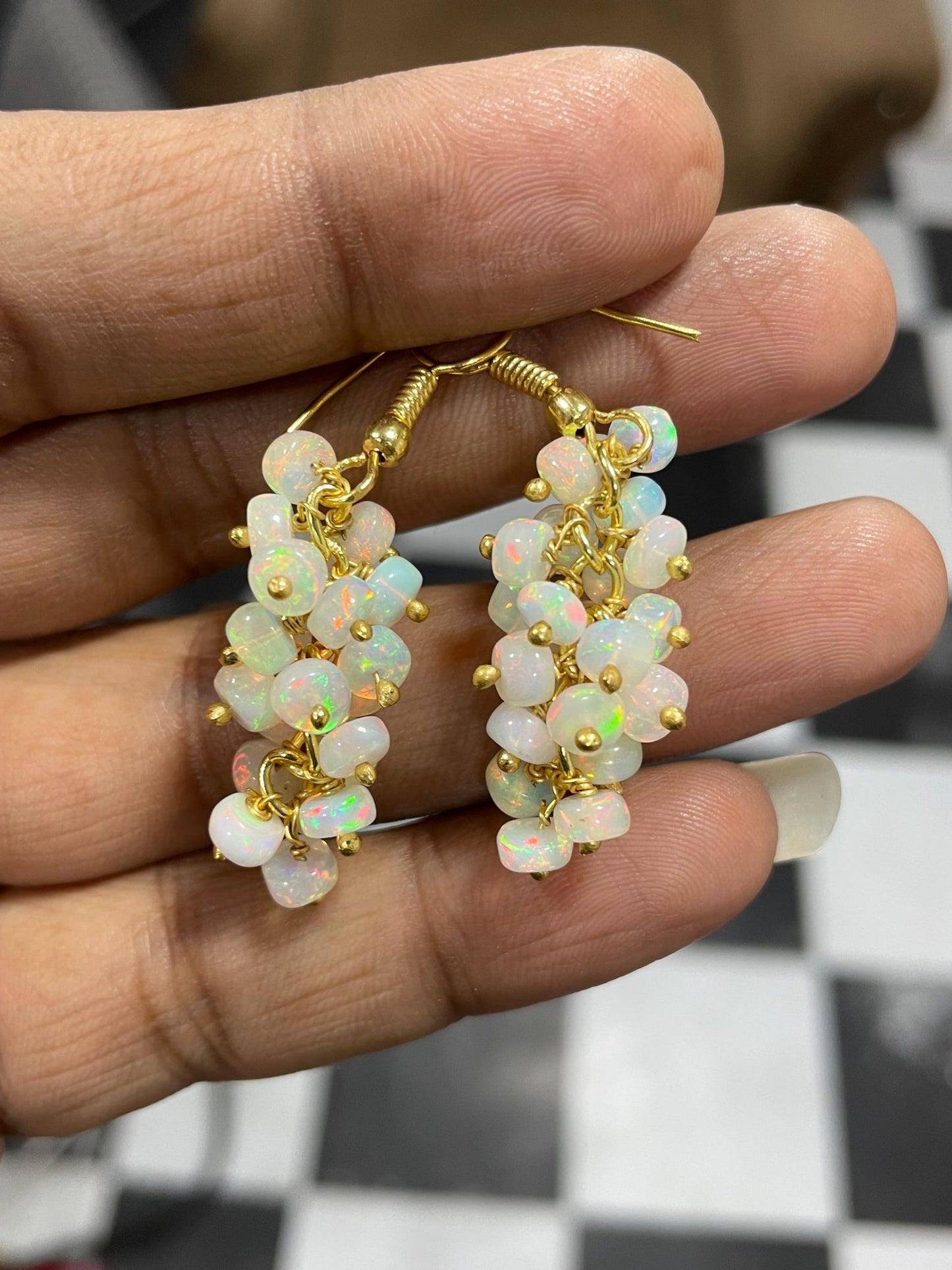 Natural White Opal Ethiopian Gemstone Rainbow Multi Fire Welo Opal Beaded Earrings for Gift