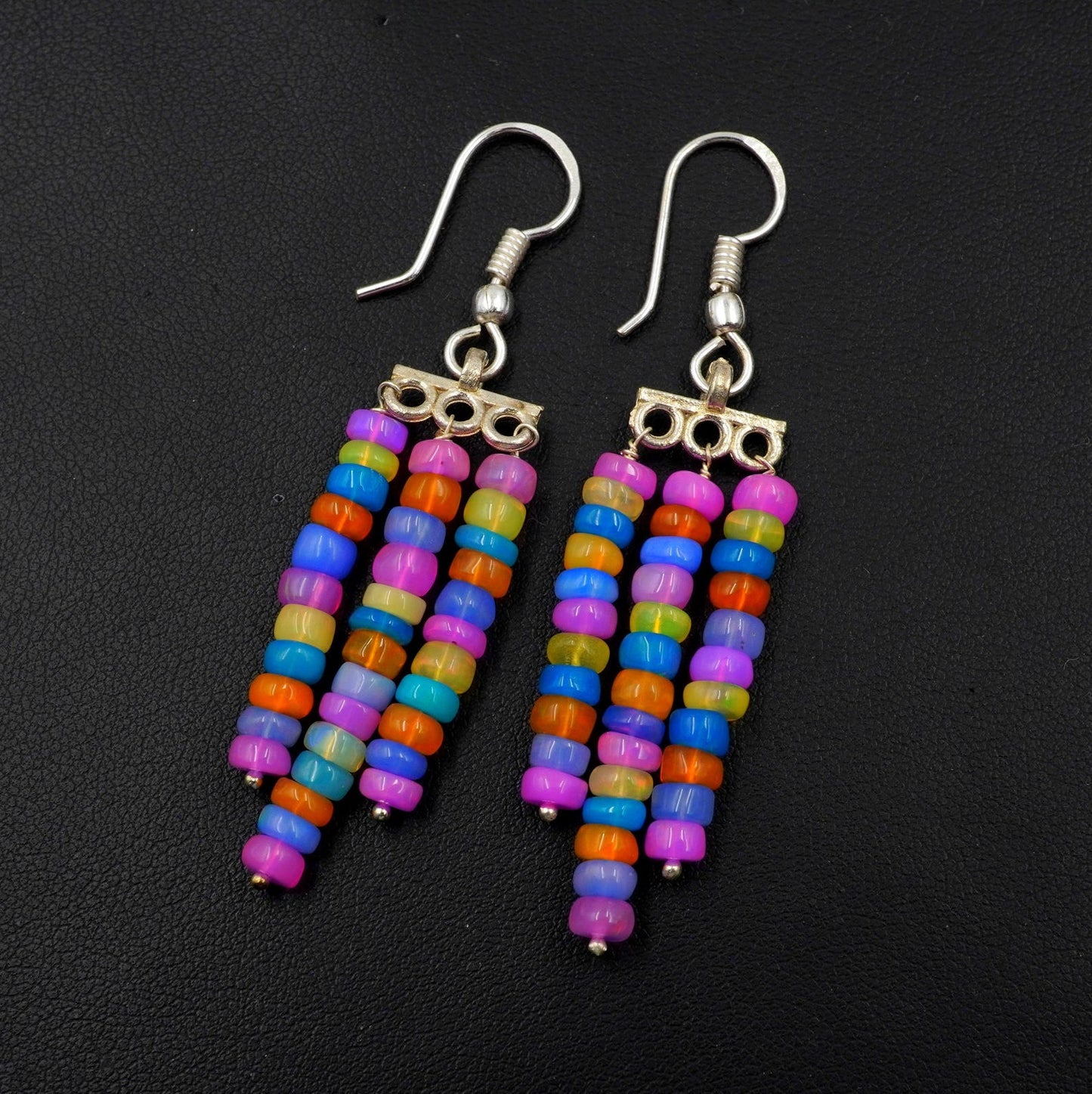 Ethiopian Opal Earrings, Multi Fire Beads, 925 Sterling Silver