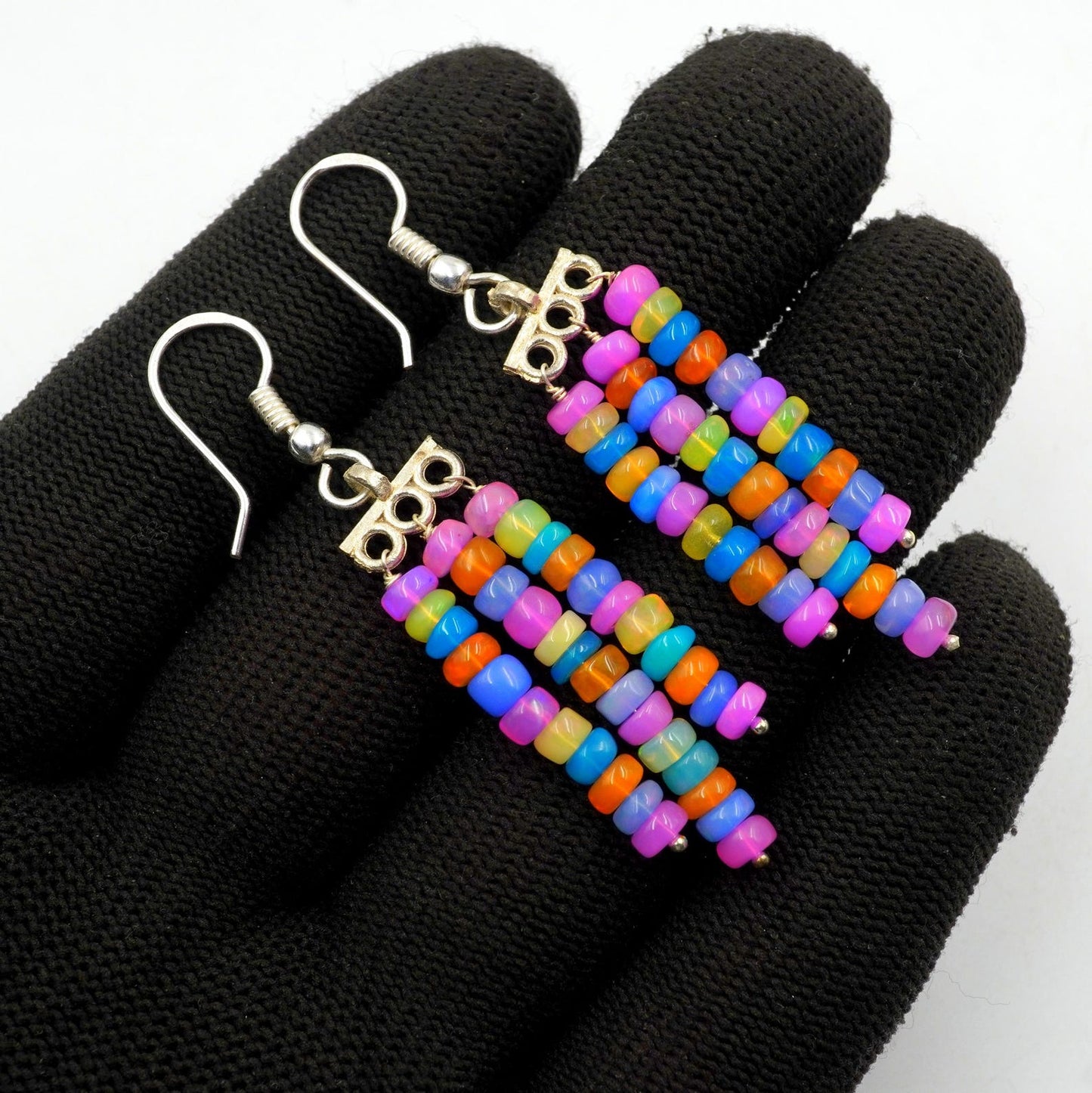 Ethiopian Opal Earrings, Multi Fire Beads, 925 Sterling Silver