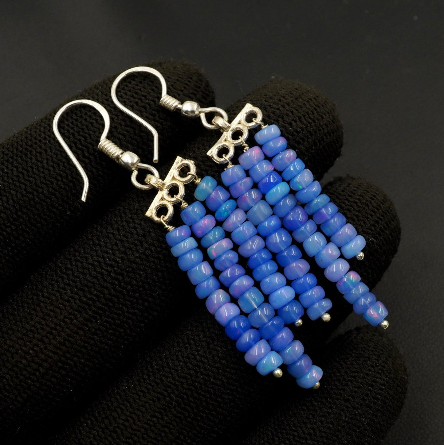 Natural Blue Ethiopian Opal Earrings, Multi Fire Beads, 925 Sterling Silver