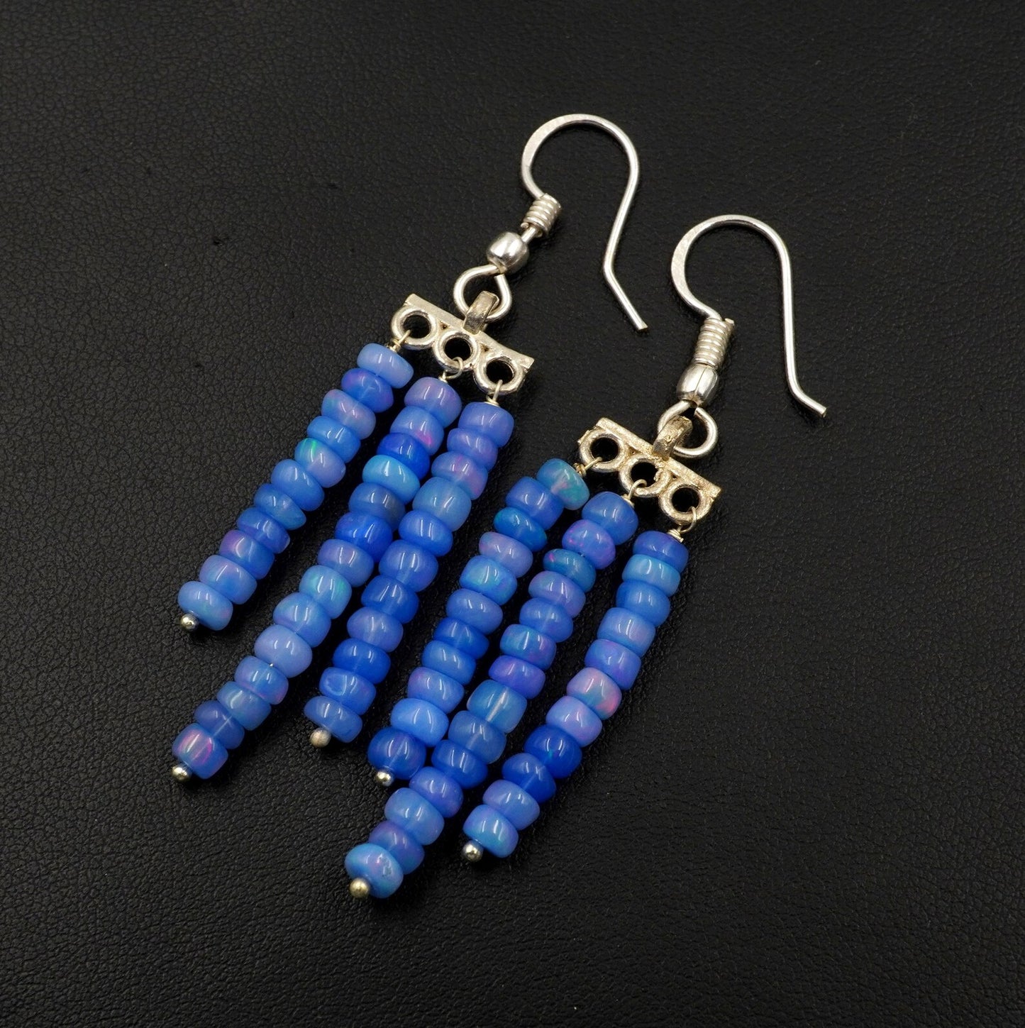 Natural Blue Ethiopian Opal Earrings, Multi Fire Beads, 925 Sterling Silver