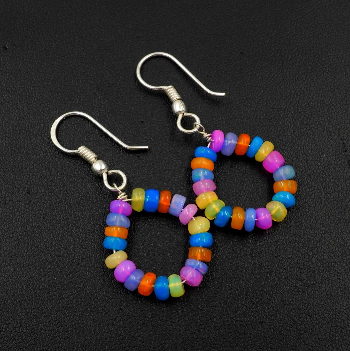 Natural Multi Color Ethiopian Opal Beads Earrings, Sterling Silver & Gold