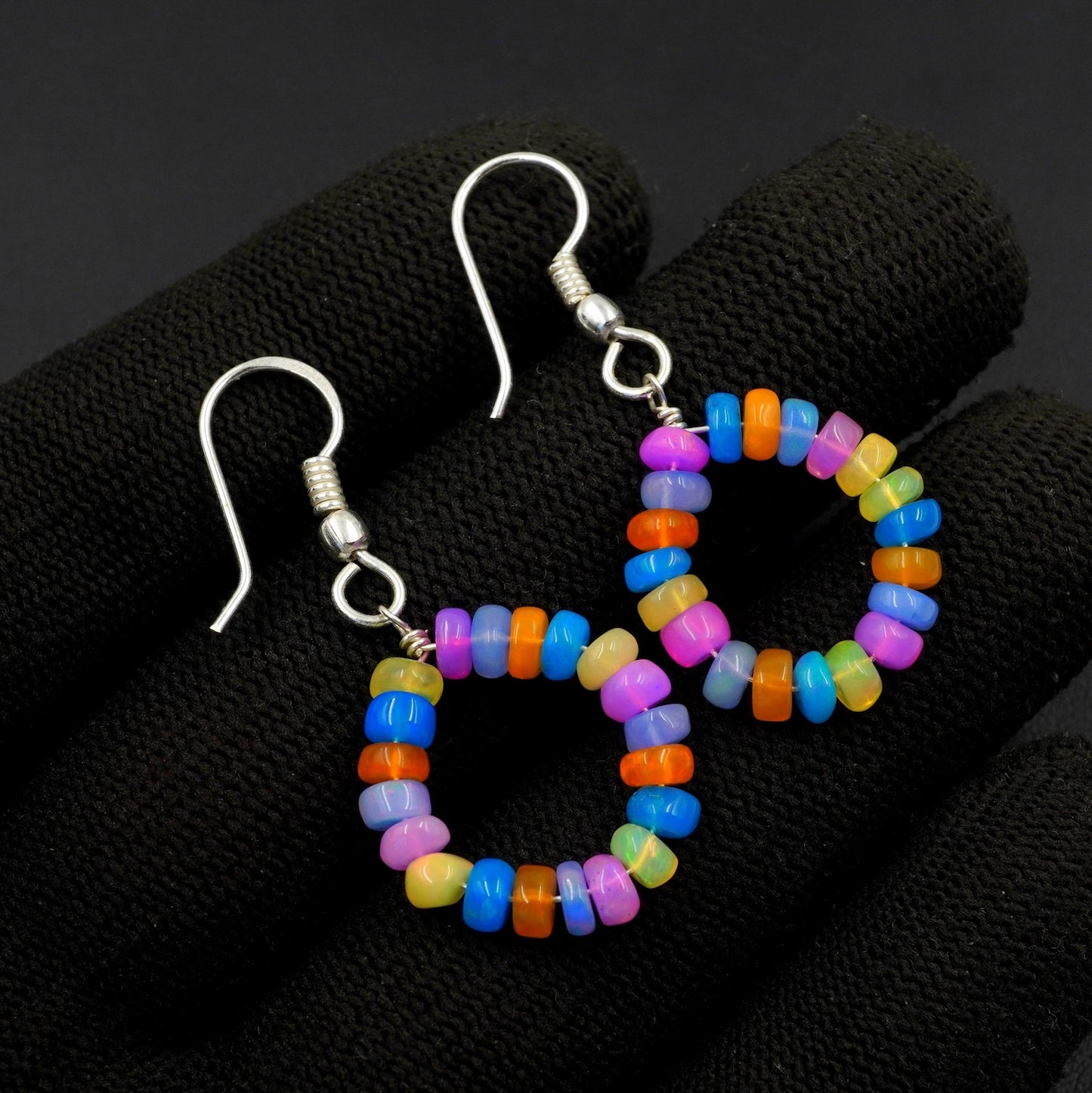 Natural Multi Color Ethiopian Opal Beads Earrings, Sterling Silver & Gold