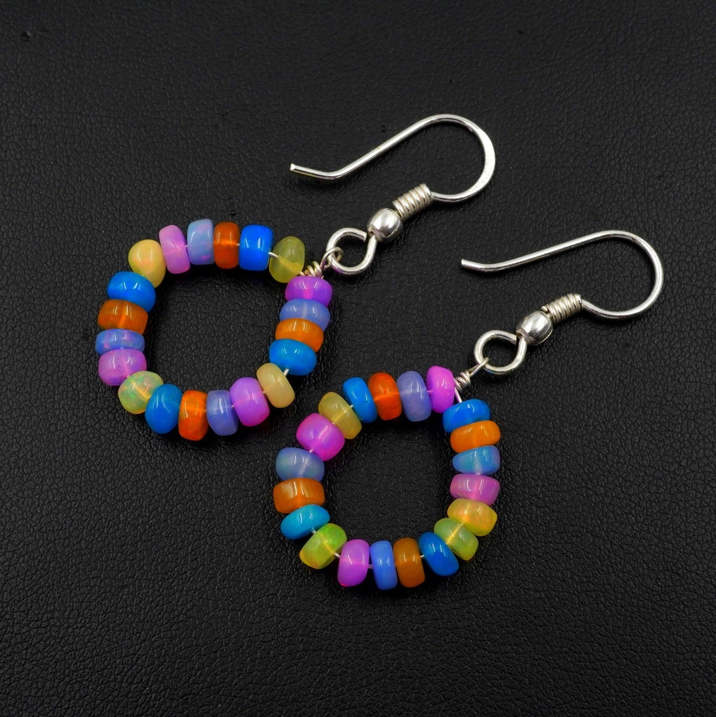 Natural Multi Color Ethiopian Opal Beads Earrings, Sterling Silver & Gold