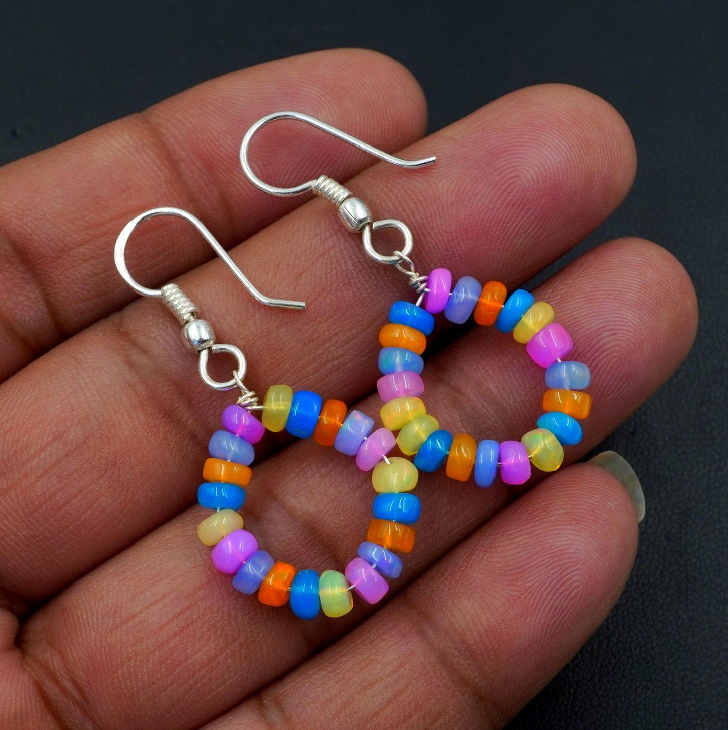 Natural Multi Color Ethiopian Opal Beads Earrings, Sterling Silver & Gold