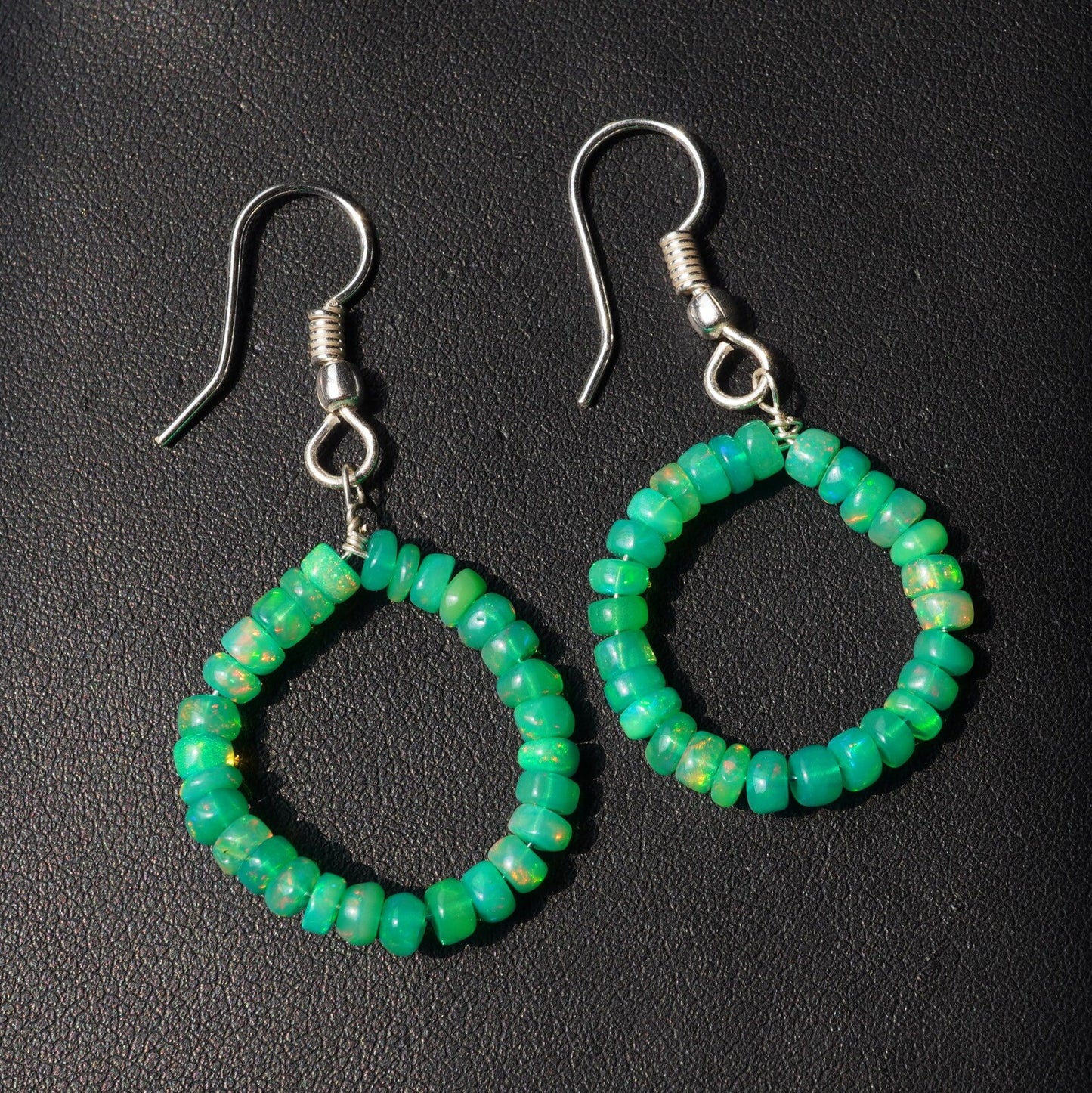 Natural Green Ethiopian Opal Hoop Earrings, 5mm Smooth Beads, Silver & Gold Finish