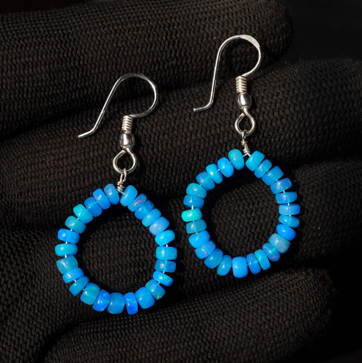 Blue Ethiopian Opal Earrings, Smooth 5mm Beads, 925 Silver & 14k Gold