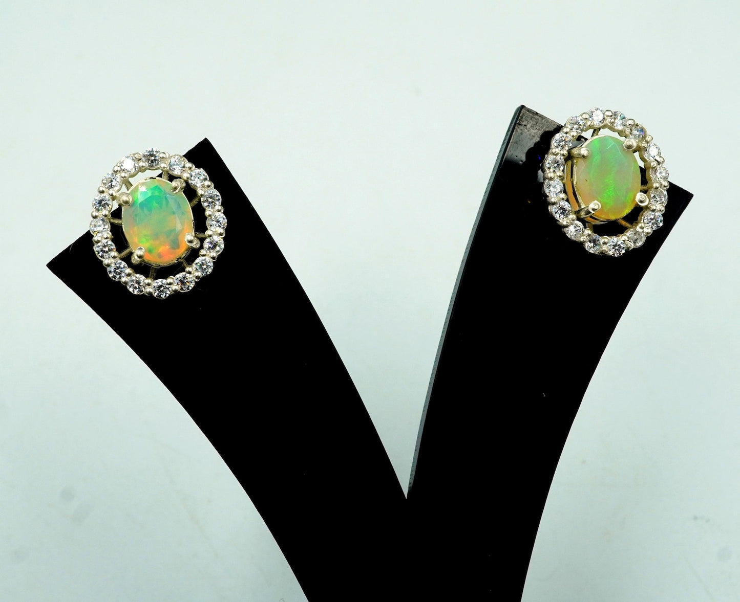 Faceted Ethiopian Opal Earrings: Multi Fire Opal & Moissanite 925 Silver Studs