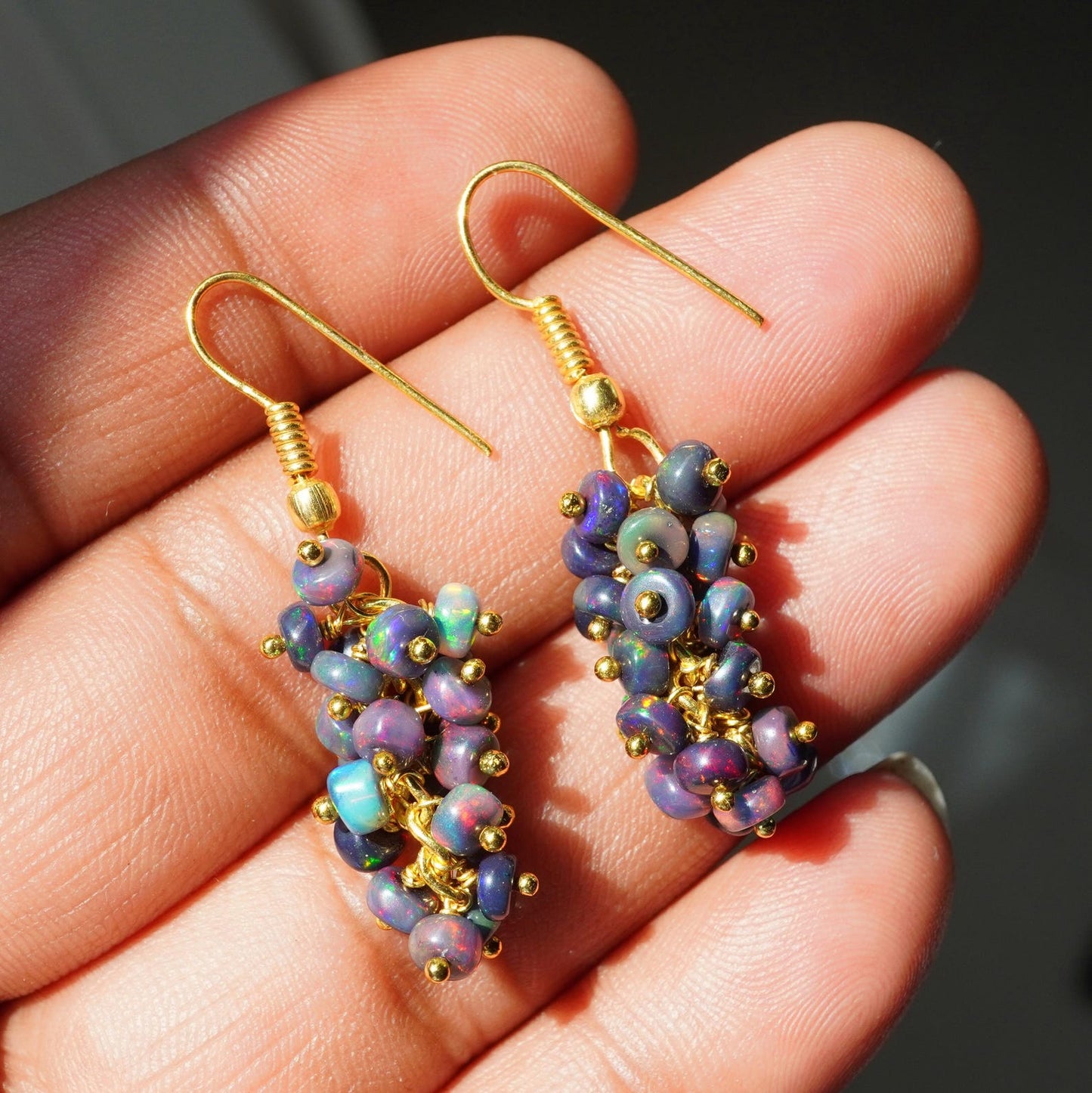 Ethiopian Welo Opal Beaded Earrings, 14K Gold Rainbow Fire