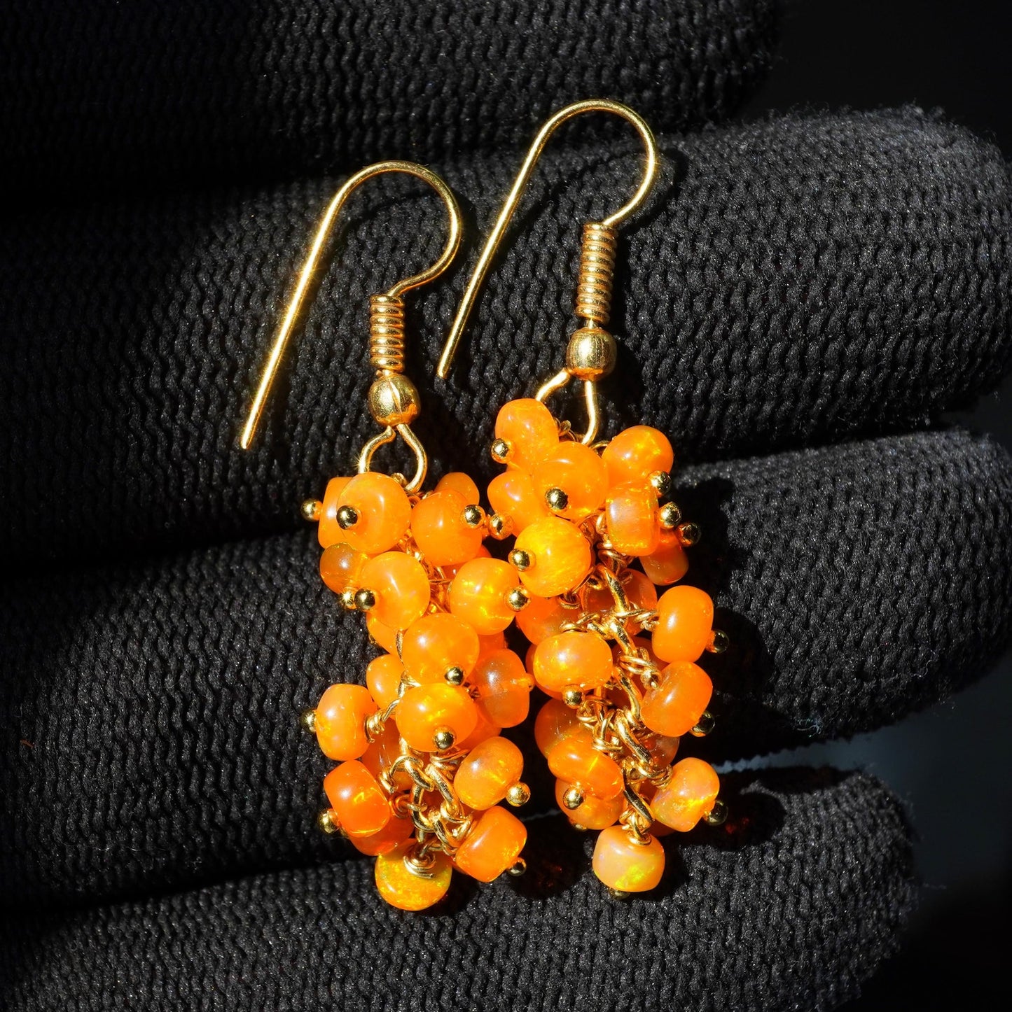 Orange Ethiopian Welo Opal Beaded Earrings, 14K Gold, Rainbow Gemstone