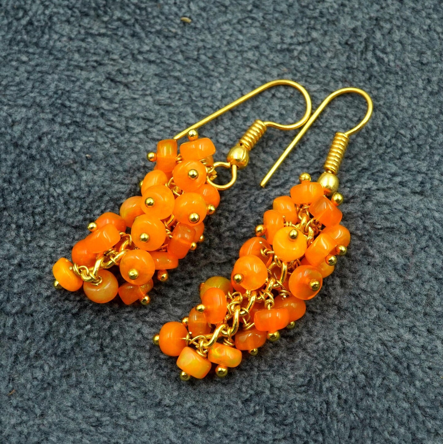 Orange Ethiopian Welo Opal Beaded Earrings, 14K Gold, Rainbow Gemstone
