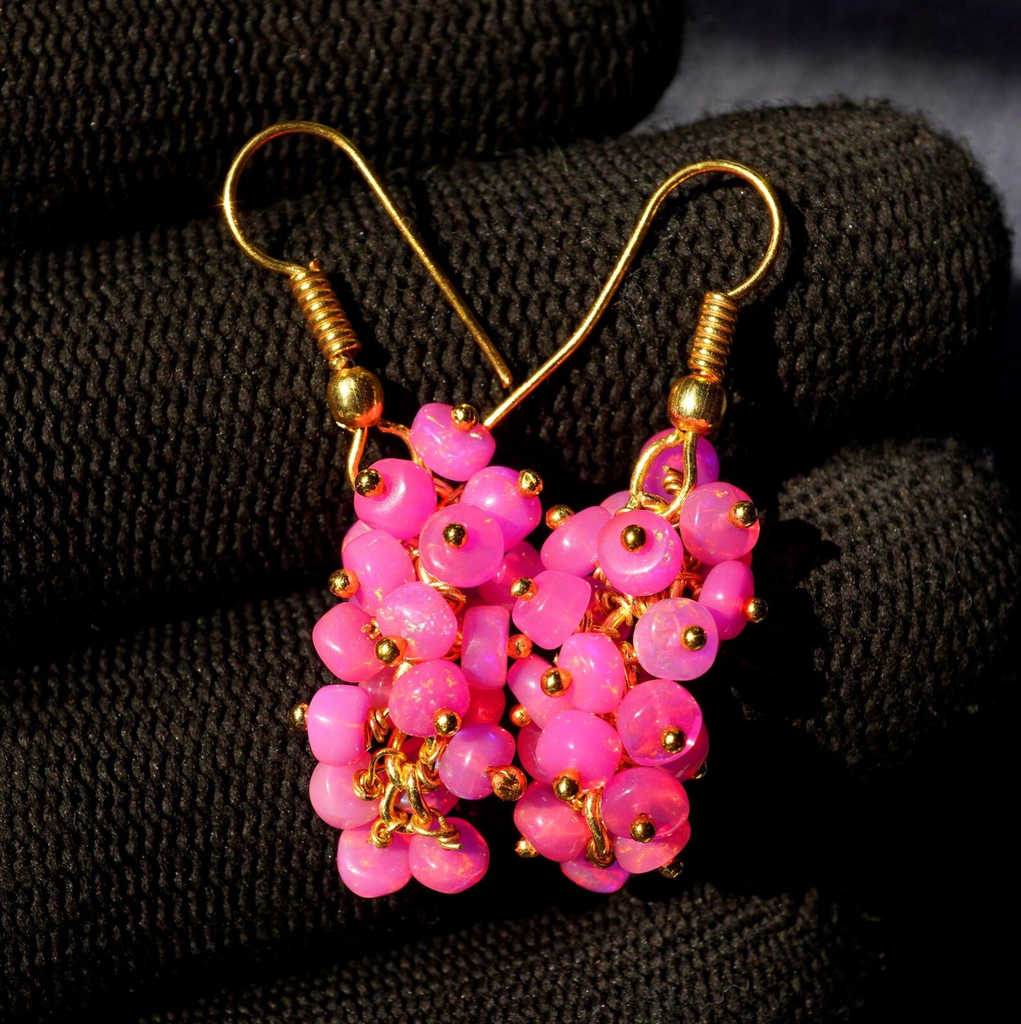 Ethiopian Pink Welo Opal Beaded Earrings, 14K Gold, Rainbow Gemstone