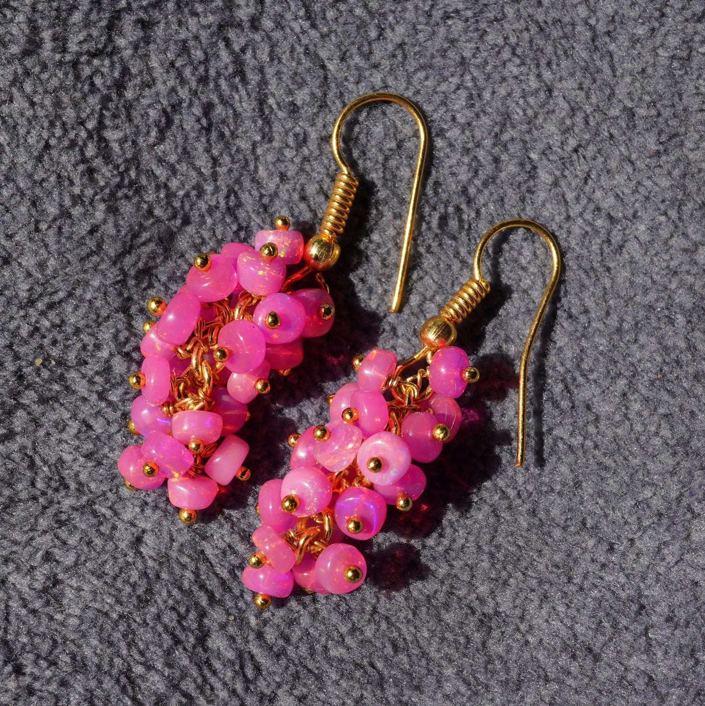 Ethiopian Pink Welo Opal Beaded Earrings, 14K Gold, Rainbow Gemstone