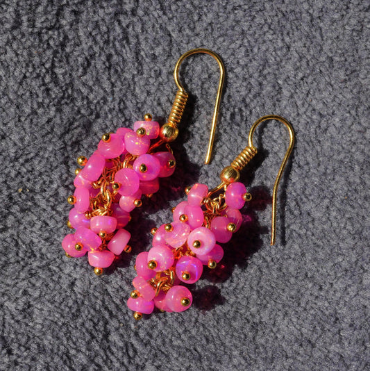 Ethiopian Pink Welo Opal Beaded Earrings, 14K Gold, Rainbow Gemstone
