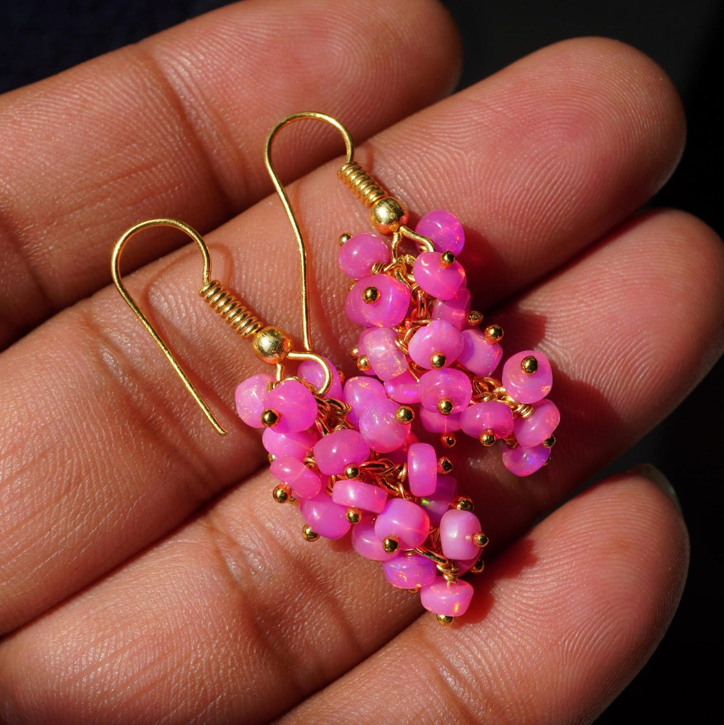 Ethiopian Pink Welo Opal Beaded Earrings, 14K Gold, Rainbow Gemstone