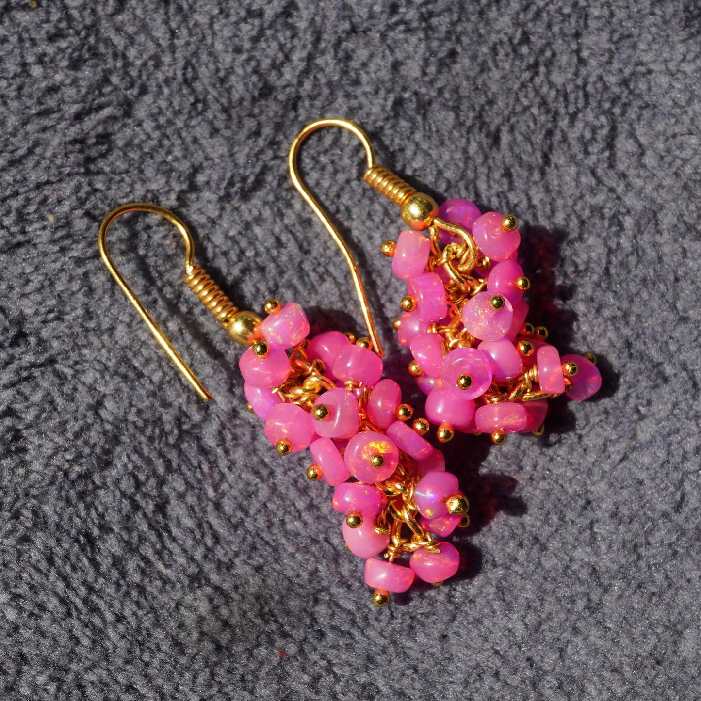 Ethiopian Pink Welo Opal Beaded Earrings, 14K Gold, Rainbow Gemstone