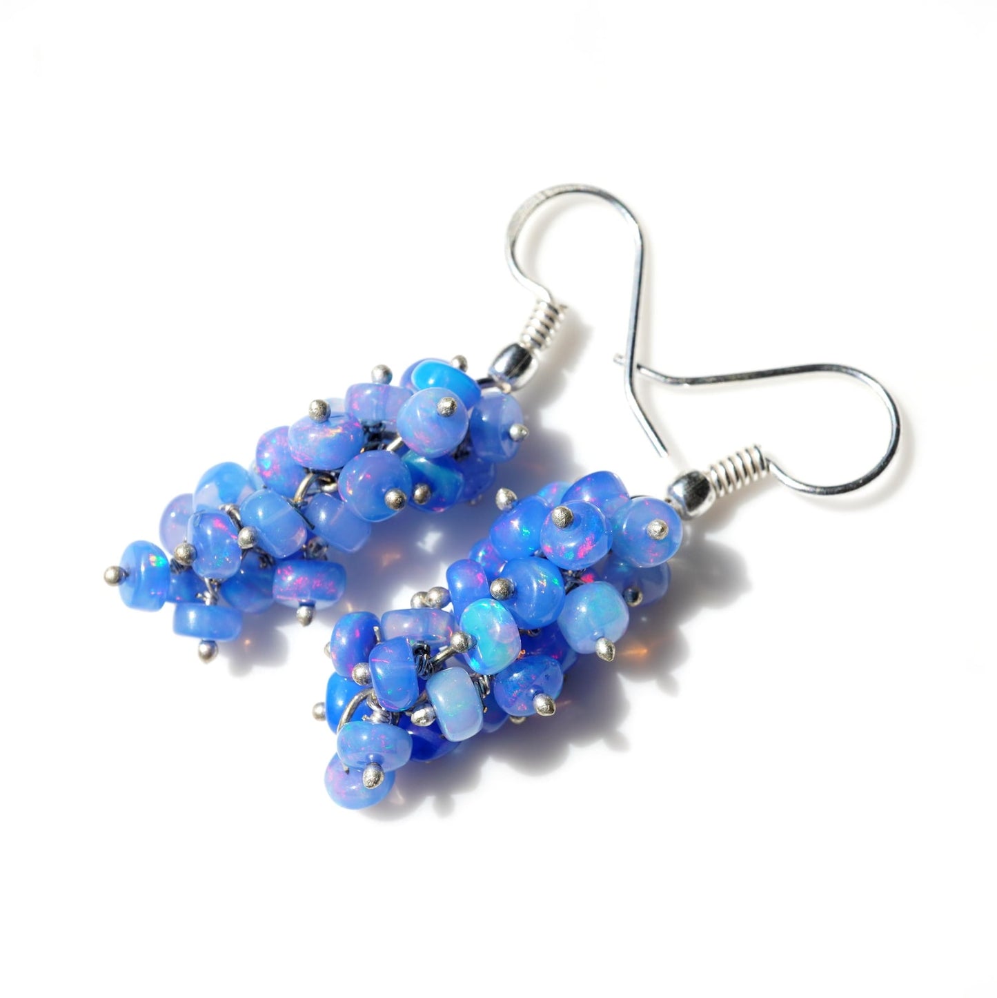 Ethiopian Blue Welo Opal Beaded Earrings, 14K Gold, Natural Rainbow Gemstone