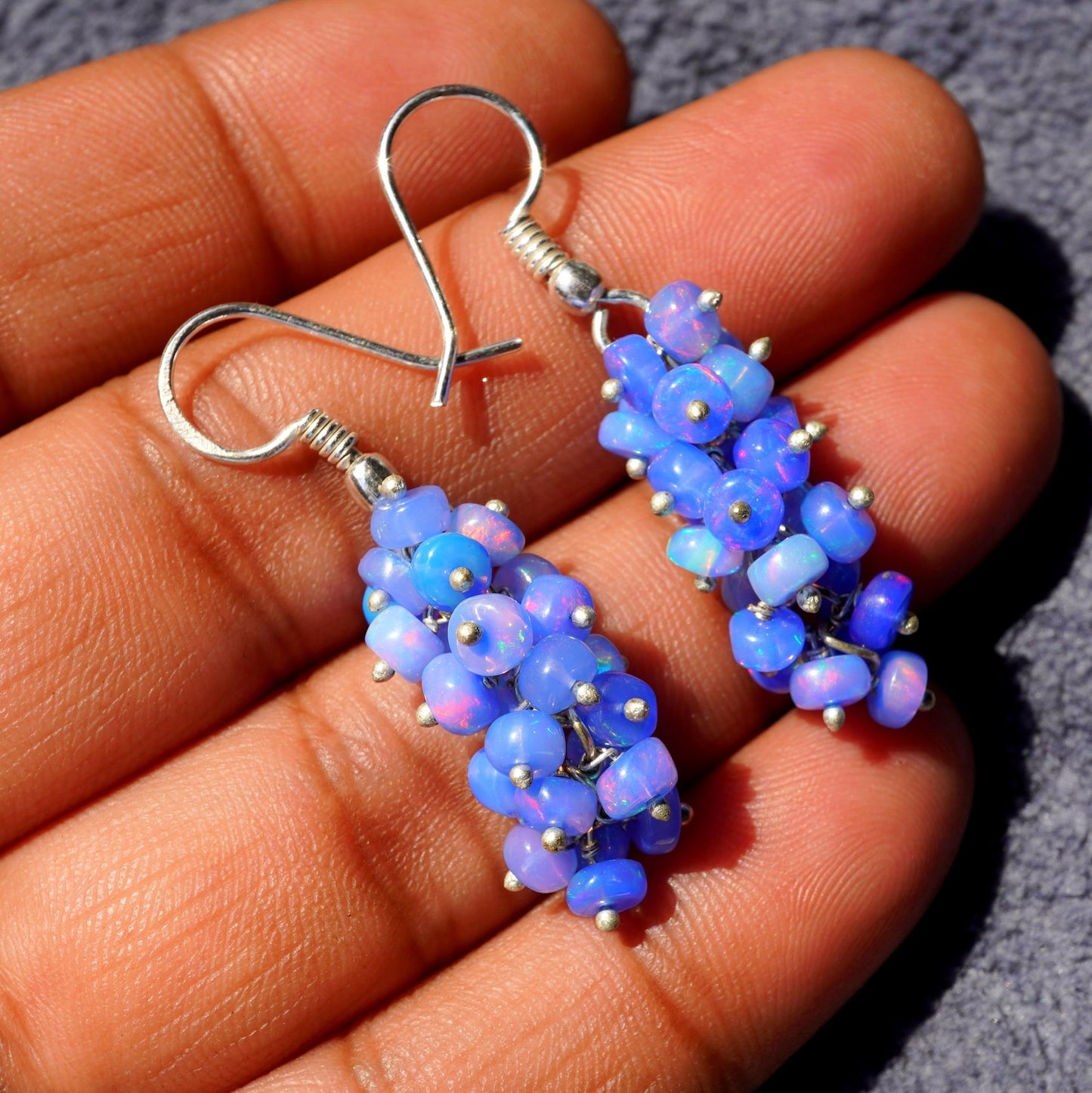 Ethiopian Blue Welo Opal Beaded Earrings, 14K Gold, Natural Rainbow Gemstone