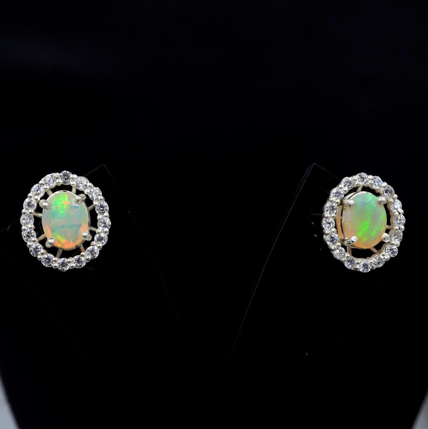 Faceted Ethiopian Opal Earrings: Multi Fire Opal & Moissanite 925 Silver Studs