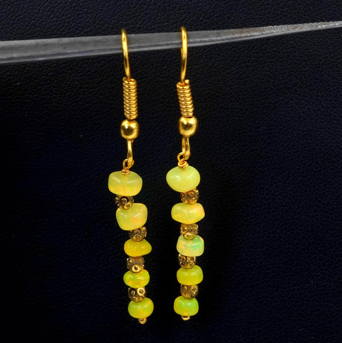 Yellow Welo Fire Ethiopian Opal Cabochon Beaded Earrings, Natural Rainbow Gemstone
