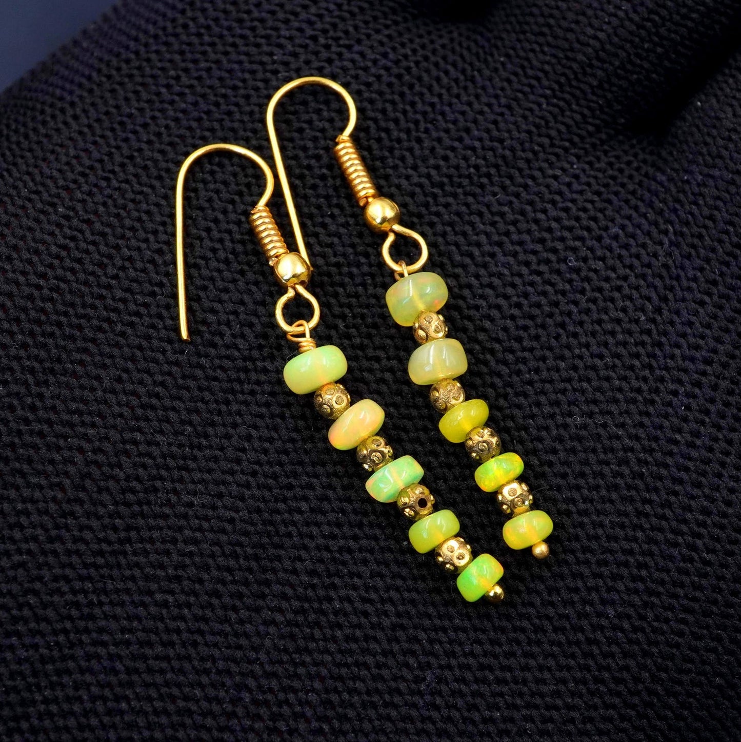 Yellow Welo Fire Ethiopian Opal Cabochon Beaded Earrings, Natural Rainbow Gemstone