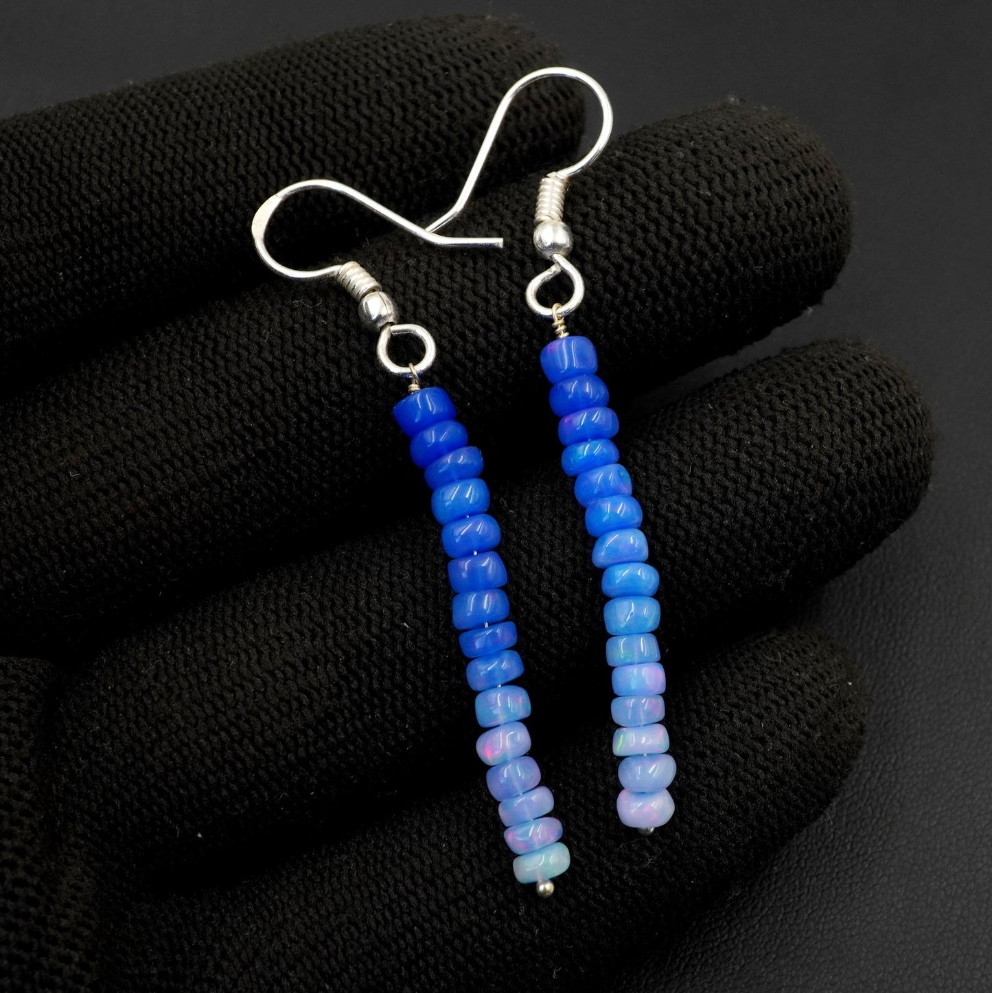 Natural Blue Multi Fire Ethiopian Opal Cabochon Beaded Earrings, 925 Silver , Rainbow Gemstone
