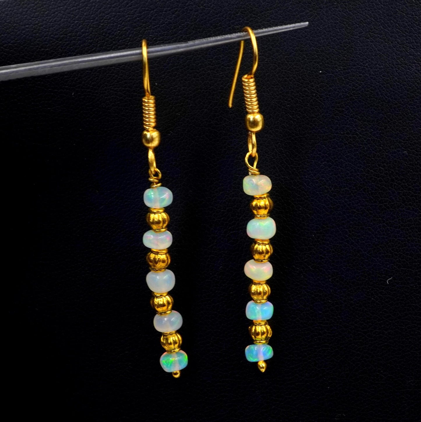 Natural Ethiopian Opal Beads Earrings Multi Fire Opal 14K Gold Cabochon Beaded