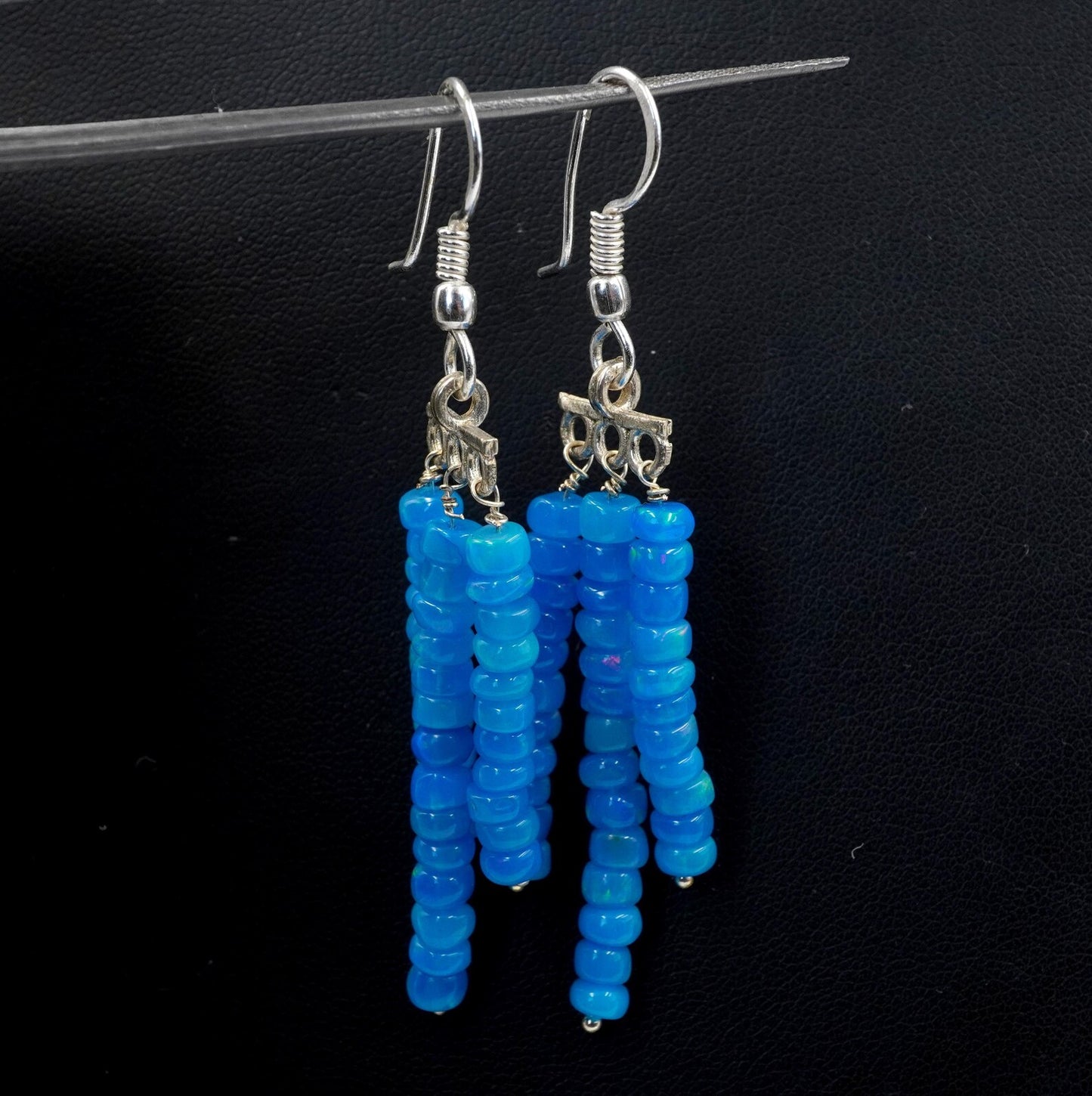 Ethiopian Opal Beads Earrings Blue Natural Multi Fire Opal 925 Silver Cabochon Beaded