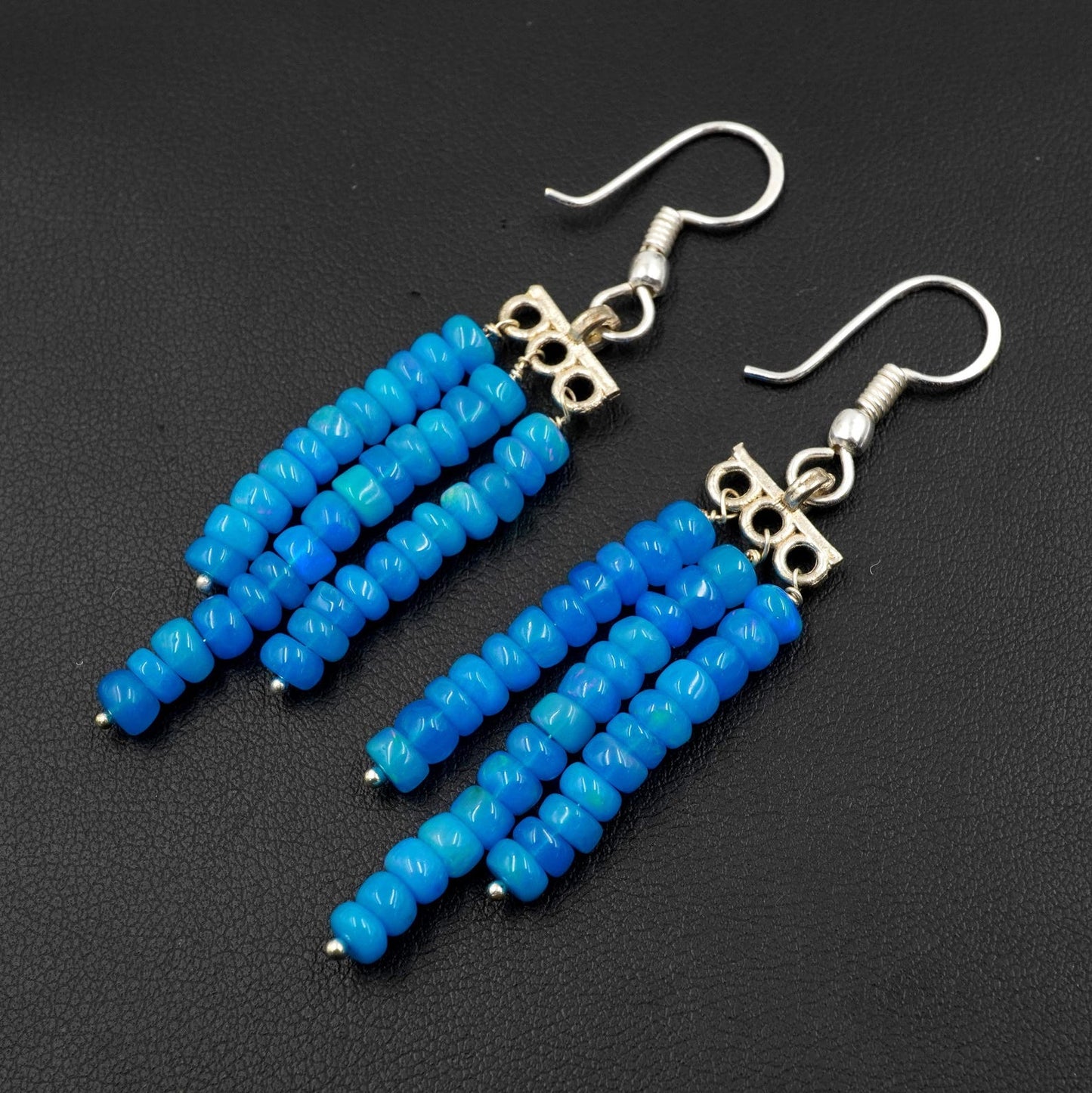 Ethiopian Opal Beads Earrings Blue Natural Multi Fire Opal 925 Silver Cabochon Beaded